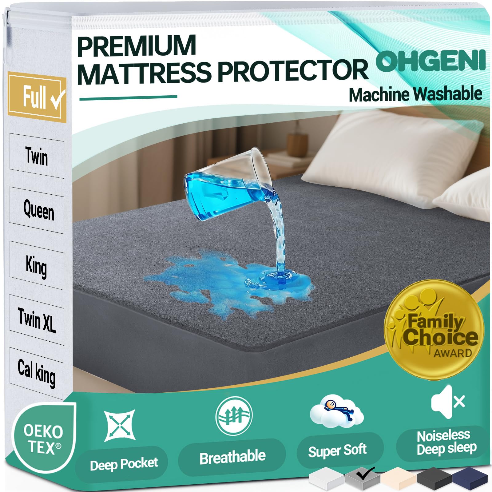 OhGeni 100% Waterproof Mattress Protector, Full Grey Size, Fitted Sheet with Deep Pockets, 6''-18'', Premium Noiseless Breathable Soft Material, Mattresses Cover for Bed