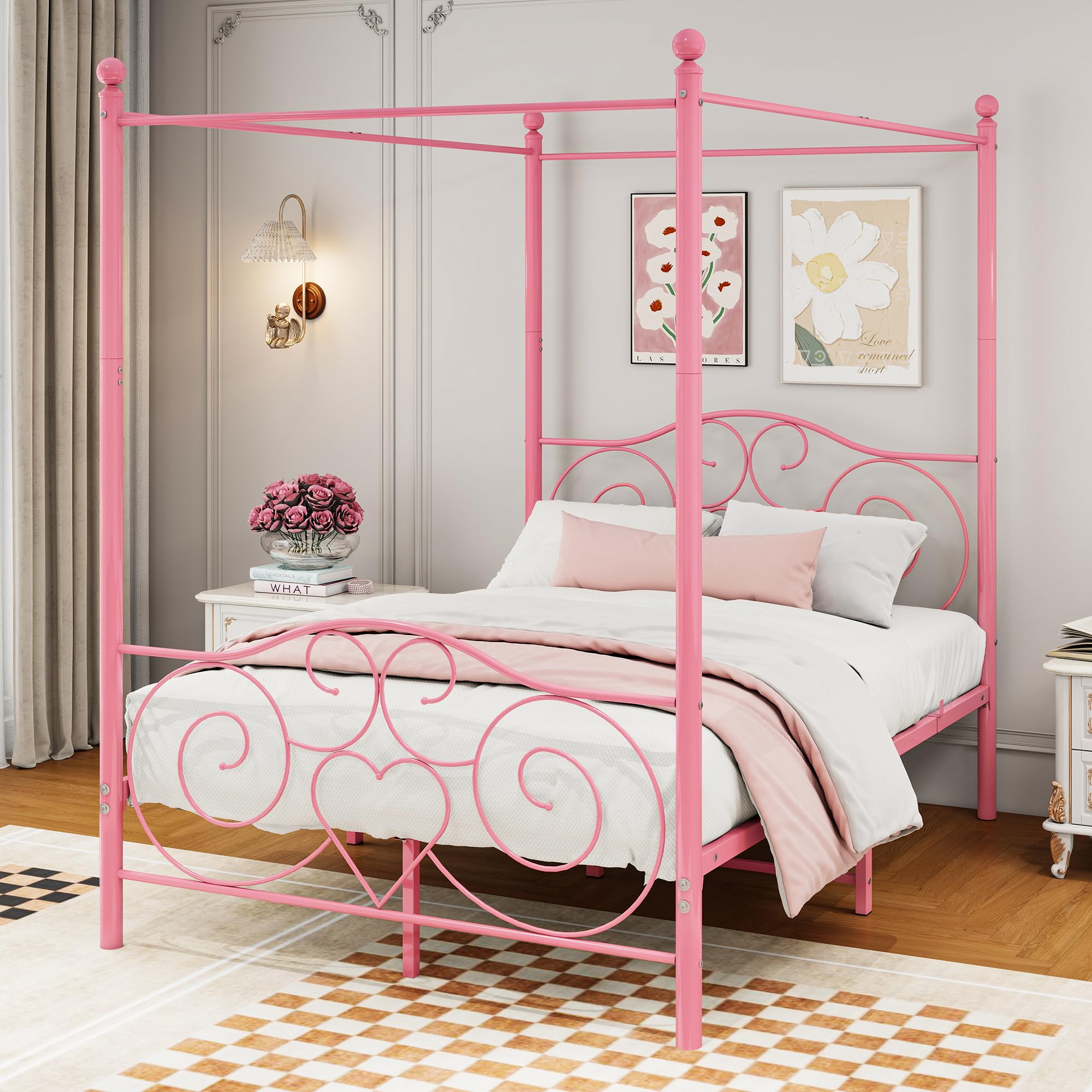 Marco de cama con dosel 140 x 200 cm, metal resistente, listones y soportes de acero, sin muelles, color rosa