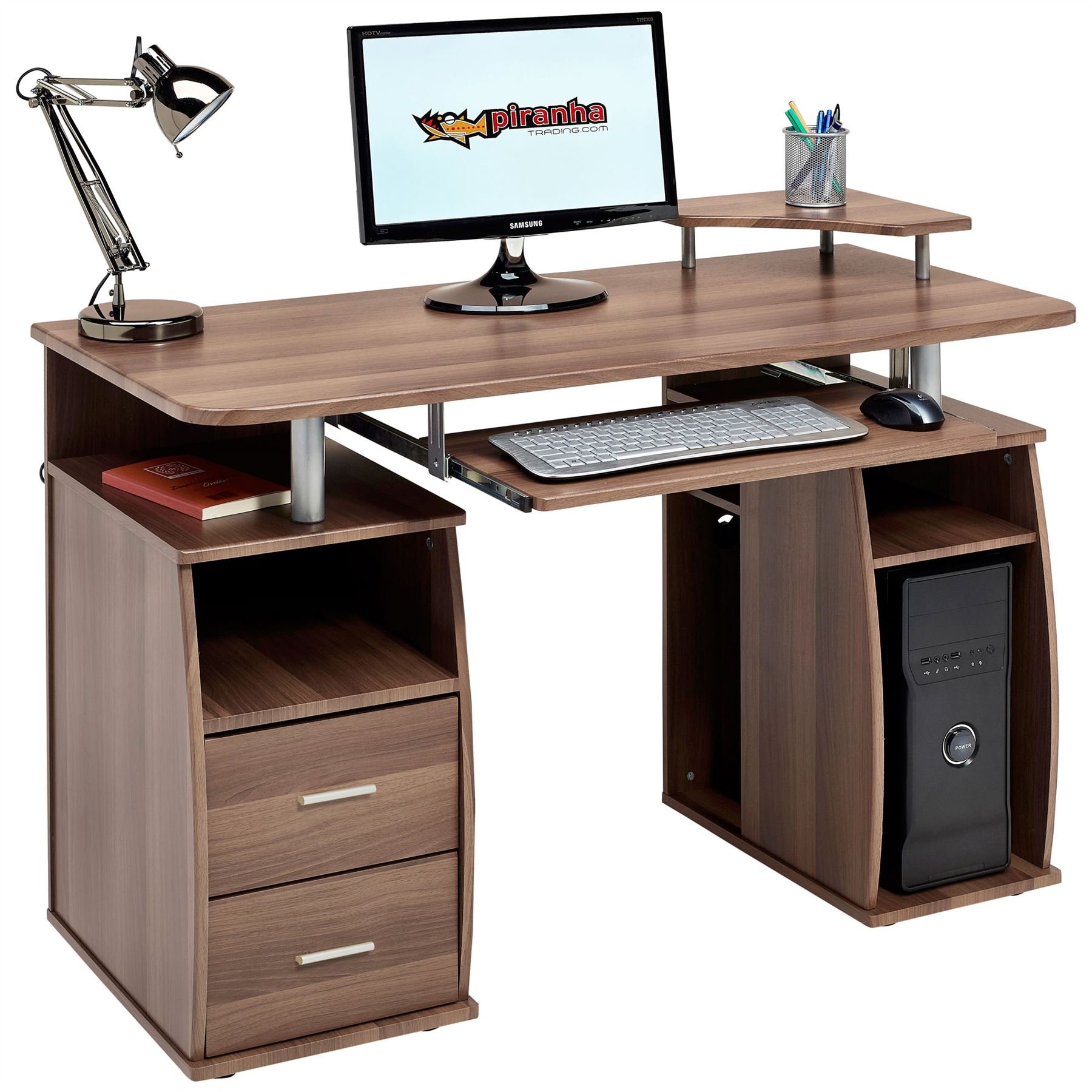 Buy Computer Desk with Shelves, Cupboard and Drawers for Home Office in Dark Walnut Effect