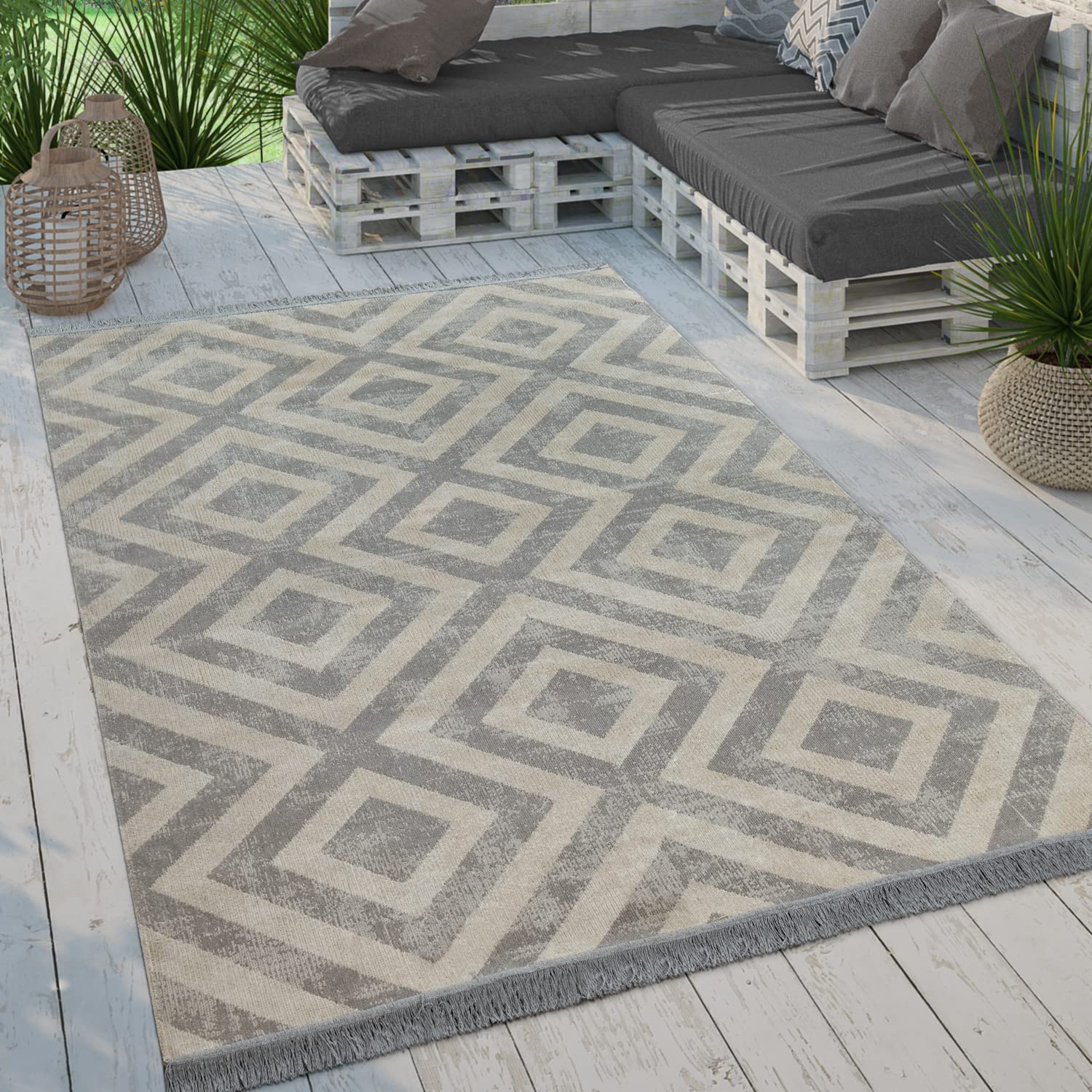 Paco Home Moderner Outdoor Teppich Geometrisches Rauten-Muster im Vintage-Look Flachgewebe Wetterfest & Pflegeleicht für Garten, Terrasse & Balkon, Grösse:80x150 cm, Farbe:Grau-Weiß