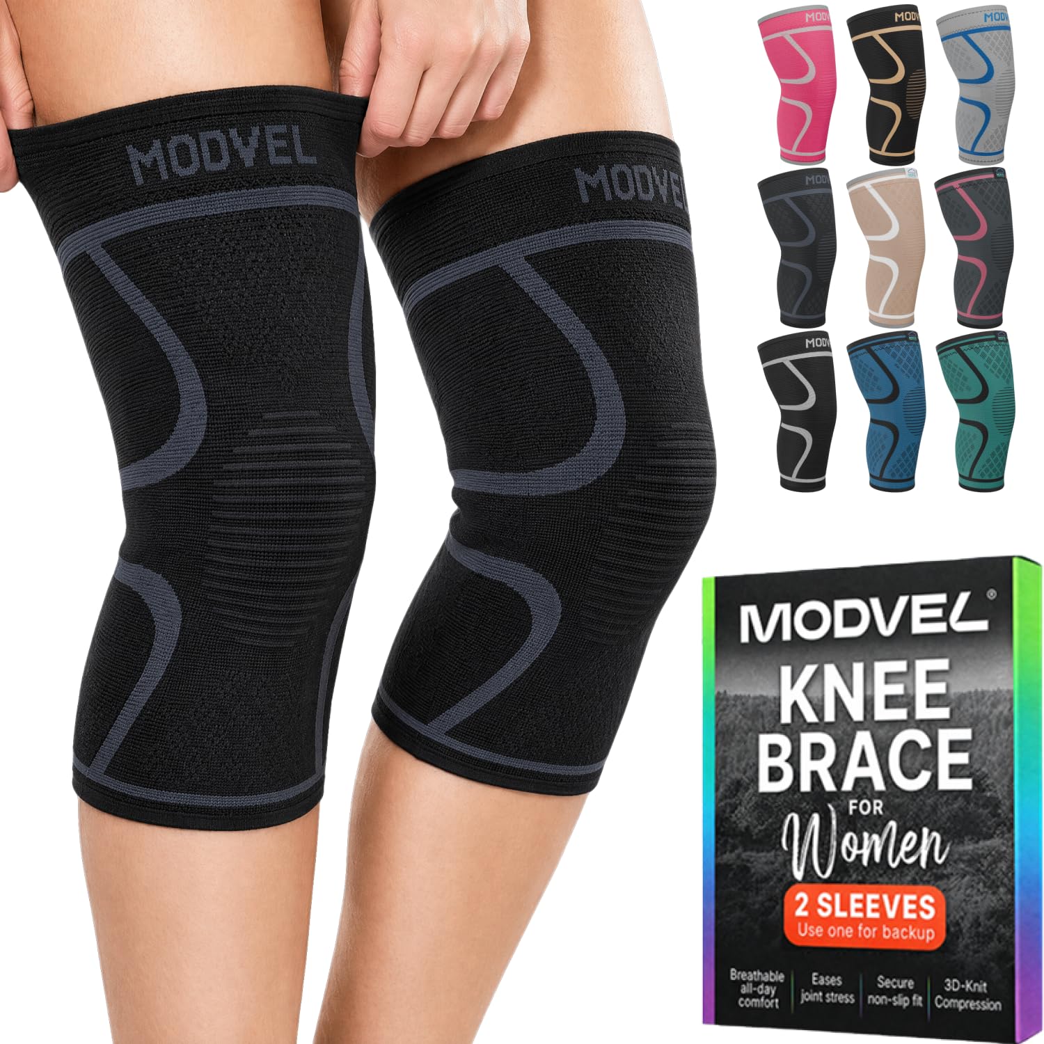 Modvel 2 Pack Knee Brace for Women - Knee Support for Walking, Knee Compression Sleeves for Pain Relief, Knee Sleeves for Women, Knee Brace for Sports, Workouts & Arthritis