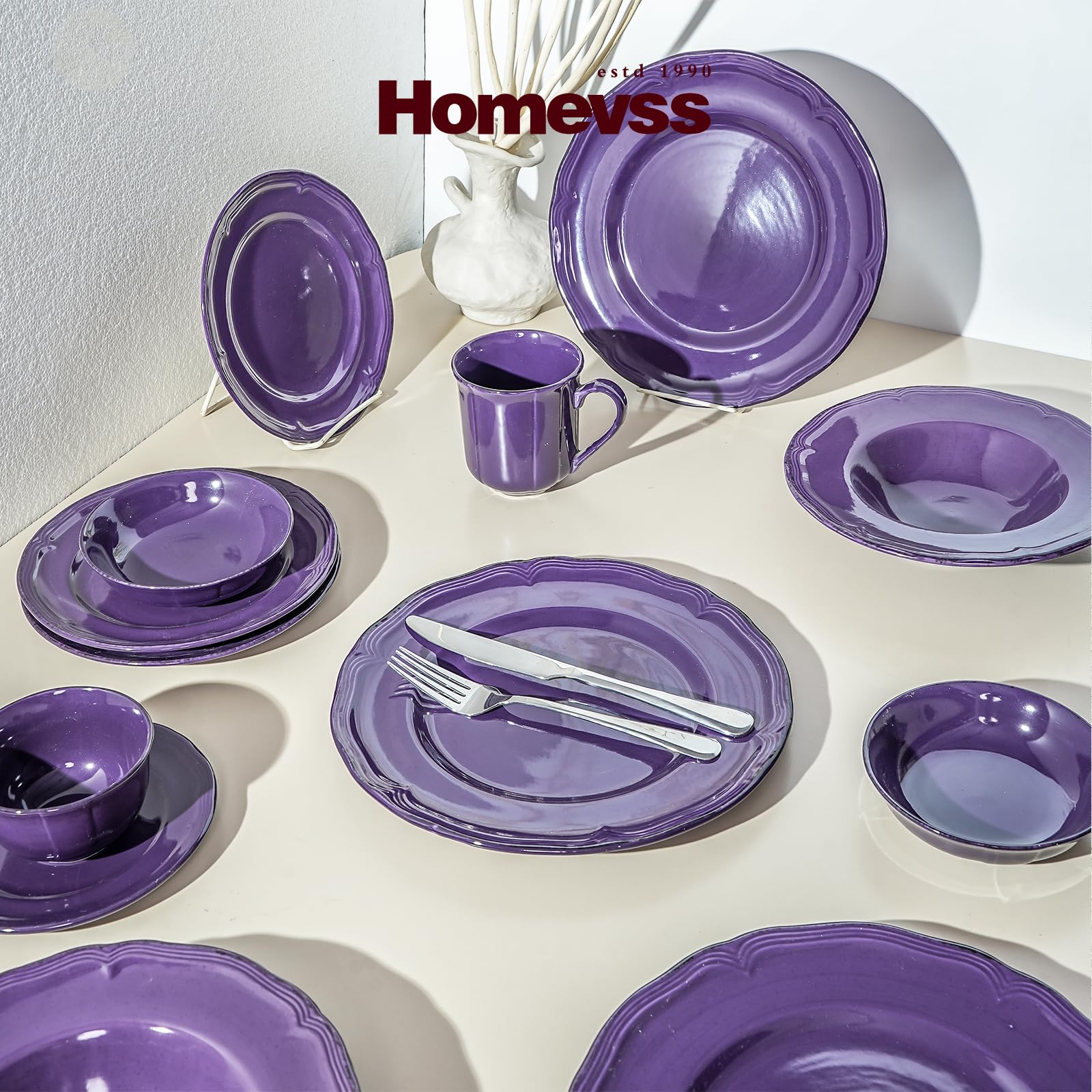Juego de vajilla de 20 piezas, juego de platos y cuencos, vajilla de gres para 4 personas, apta para microondas y lavavajillas, resistente a los arañazos, color morado antiguo moteado estilo campestre