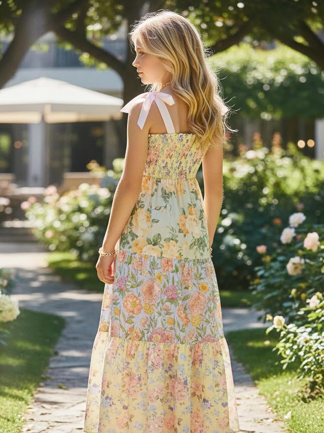 Sunny Spirit Girls Maxi Dress Tween Girl Summer Spring Easter Floral Boho Smocked Patchwork Bowtie Strap Sundress 5-14 Years