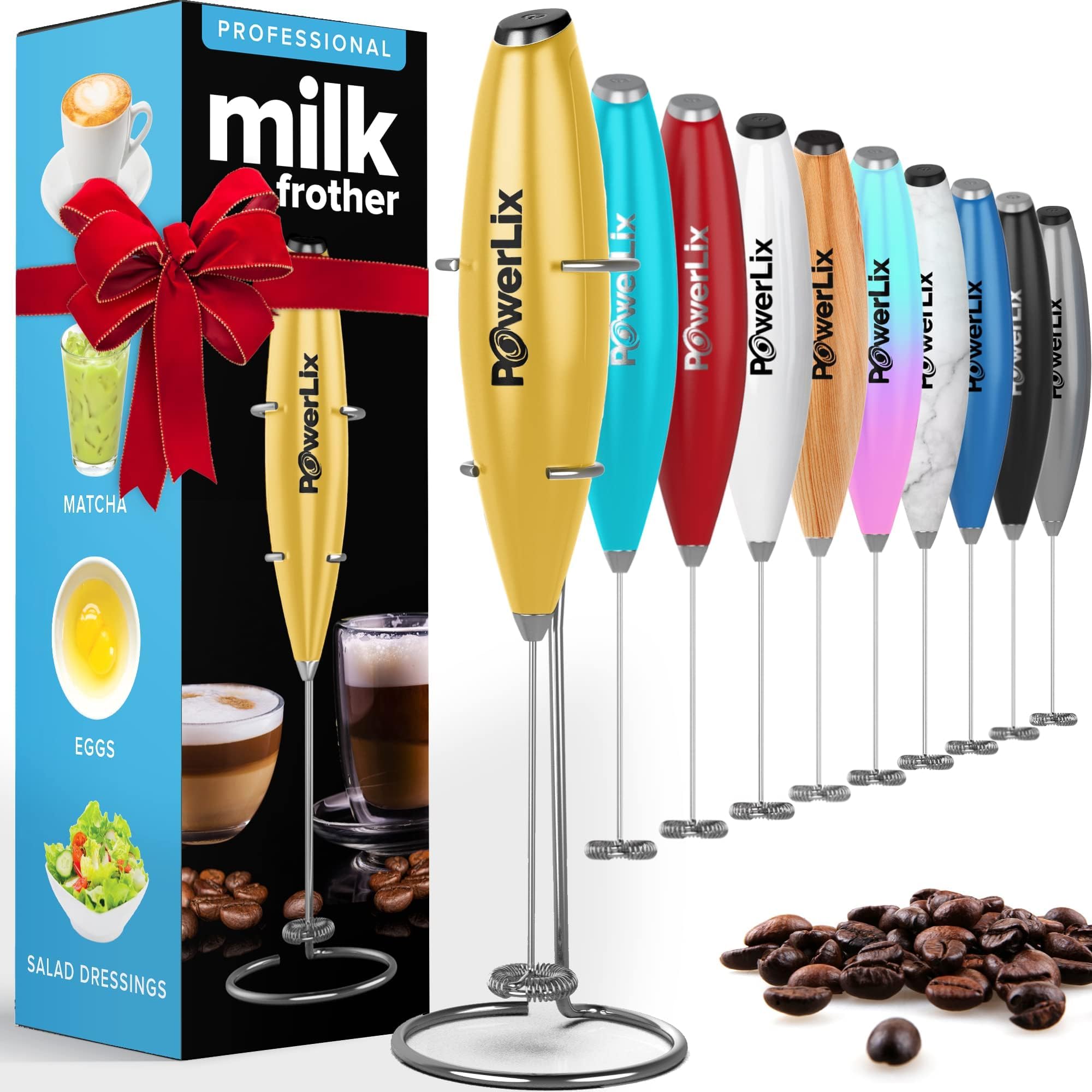 PowerLix Milk Frother Handheld Battery Operated Electric Whisk Foam Maker For Coffee, Latte, Cappuccino, Hot Chocolate, Durable Mini Drink Mixer With Stainless Steel Stand Included (Gold)