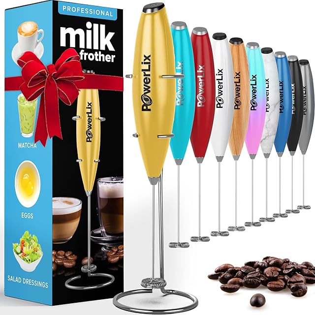 PowerLix Ręczna trzepaczka do mleka  elektryczny spieniacz do mleka ze stojakiem ze stali nierdzewnej, 15-20 s, mocny 19000 obr./min, mini mikser do kawy, do latte, cappuccino (Złoto)