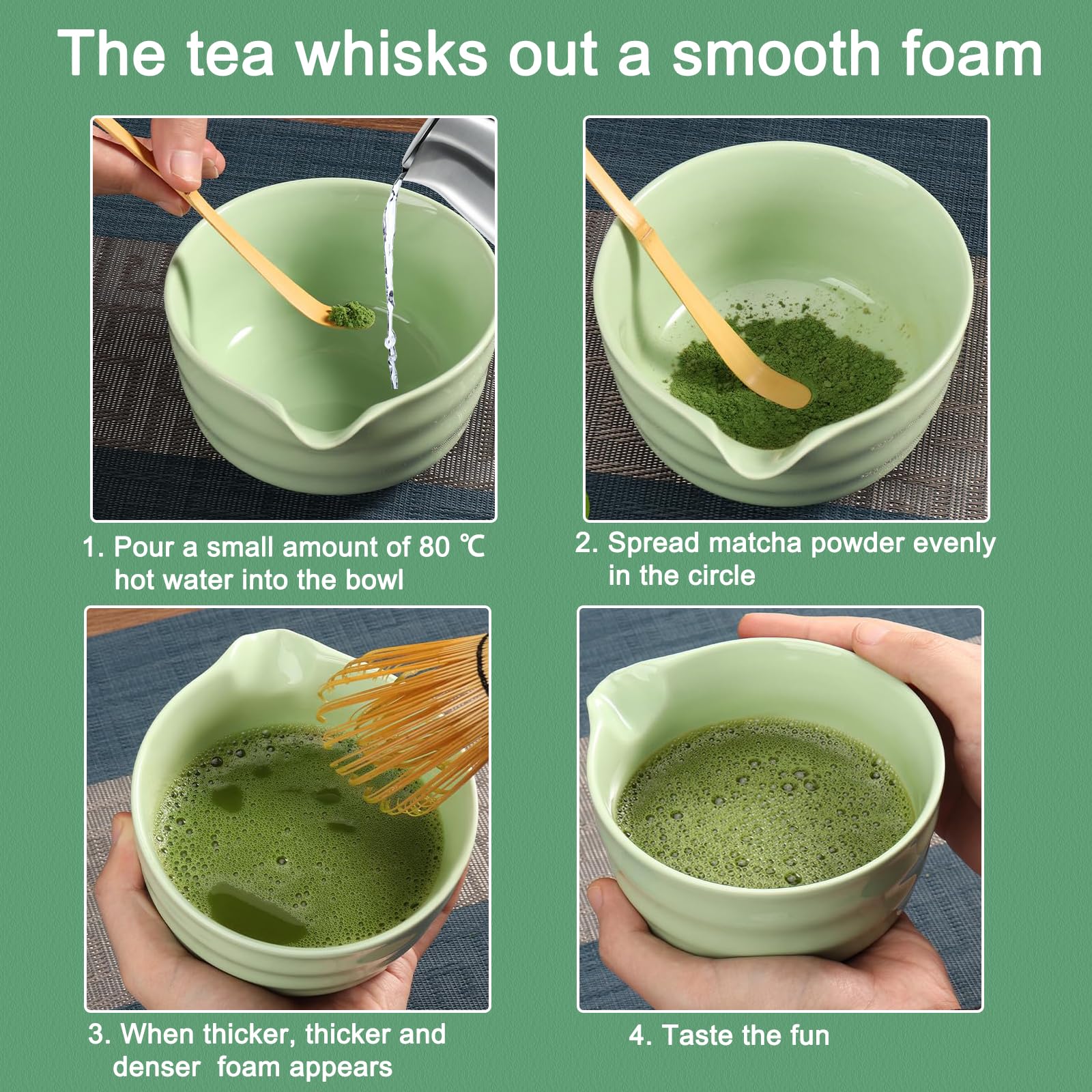 Matcha set – Te matcha kit – Batidor bambu te matcha – Juego de 4 piezas con cuchara de matcha y soporte de cerámica para batidor – Ideal para preparar matcha y ceremonias del té (color cian)