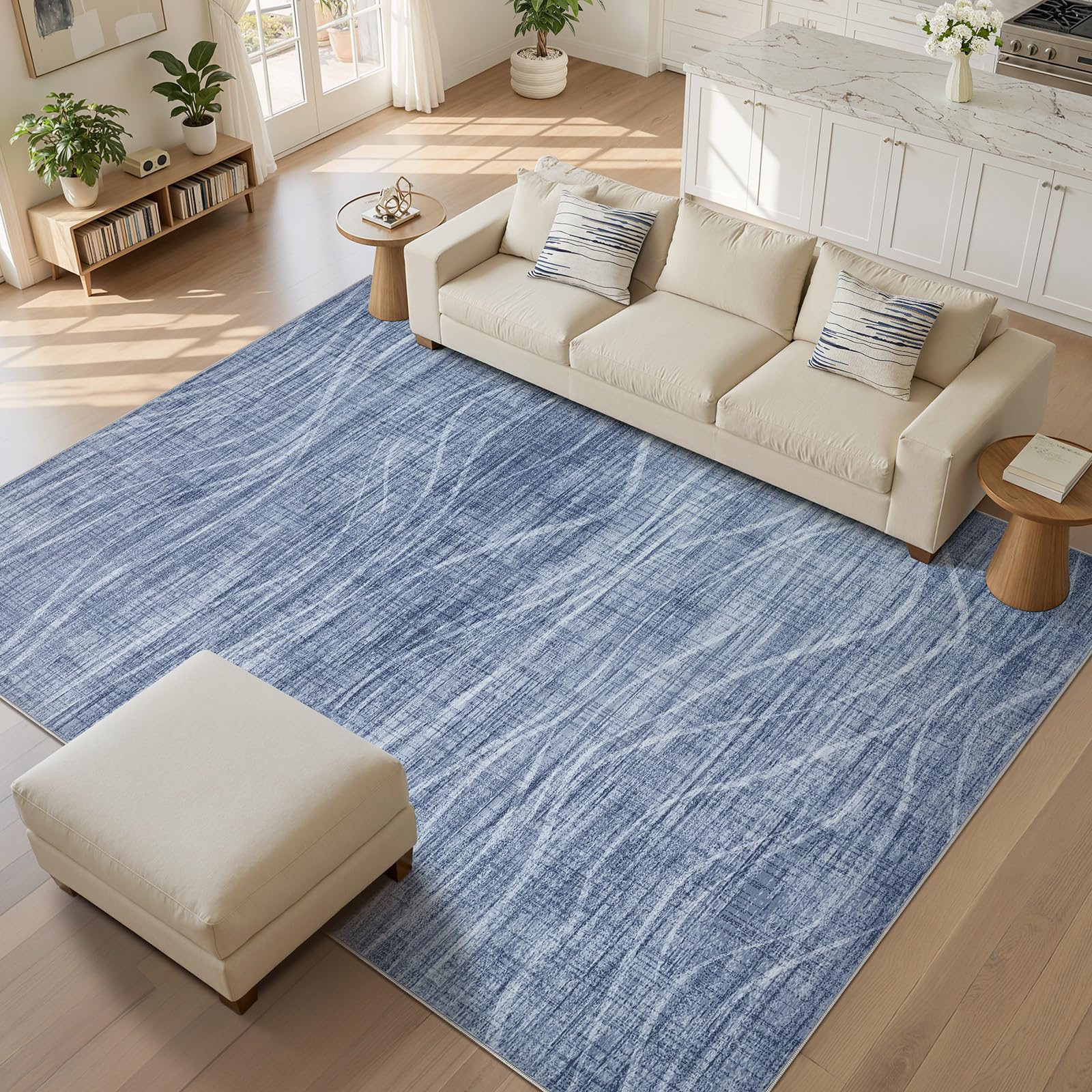 WITSHOCK Washable Rugs 8x10 Modern Area Rugs, Thin Rug for Living Bedroom Dining Room Nursery Kitchen Office, Wave Striped Rugs Indoor Carpet Soft Non Slip Stain Resistant Home Decor, Blue