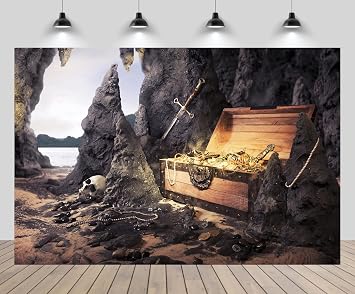 9x6ft Renaiss Treasure Chest Backdrop Gold Island Sword Skull Jewellery Coins Sea Cave Adventure Background Pirate Captain Theme Birthday Party Decor Photo Booth Studios Props Wallpaper