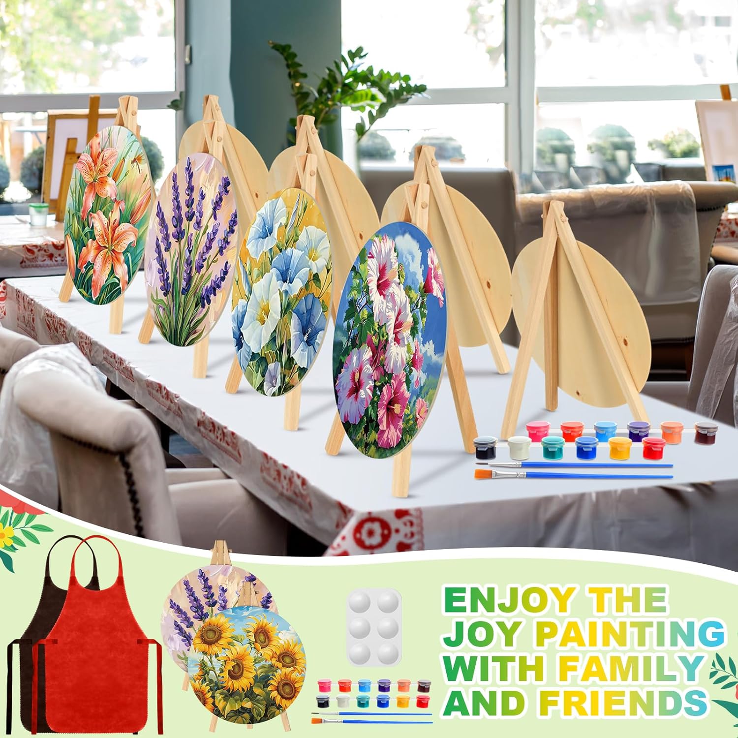 Supervitae 96 Pcs 5.9" Round Pre Drawn Canvas Painting Kit for Kids Adults Spring Floral Sip and Paint Canvas Kit for Birthday Valentines Holiday Christmas Party Favor DIY Home Decor Gifts