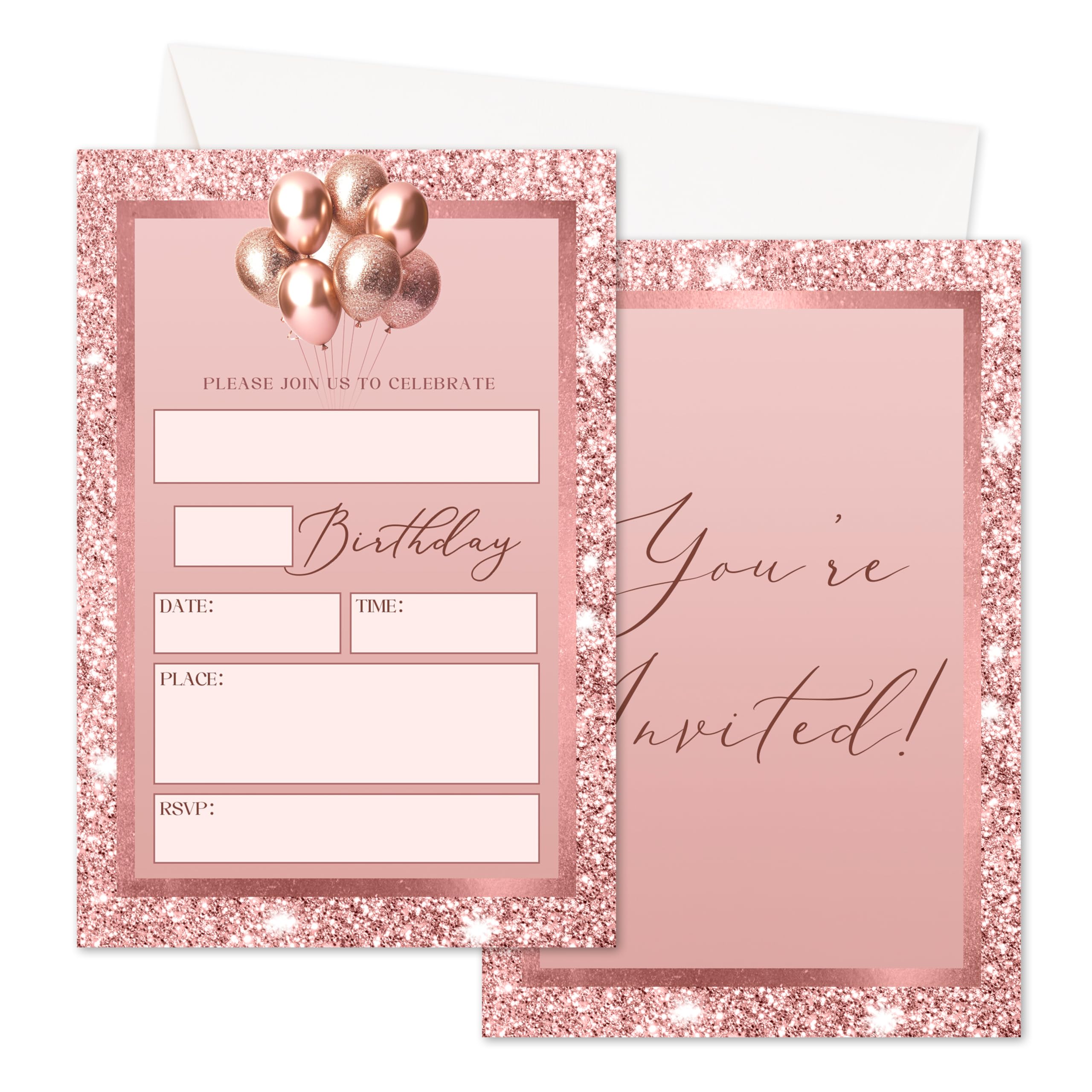 wenhihsiy Birthday Party Invitation, Rose Gold Birthday Invitation for Kids Girls, Pink Glitter Invite Cards with Envelopes, Invitations for Birthday