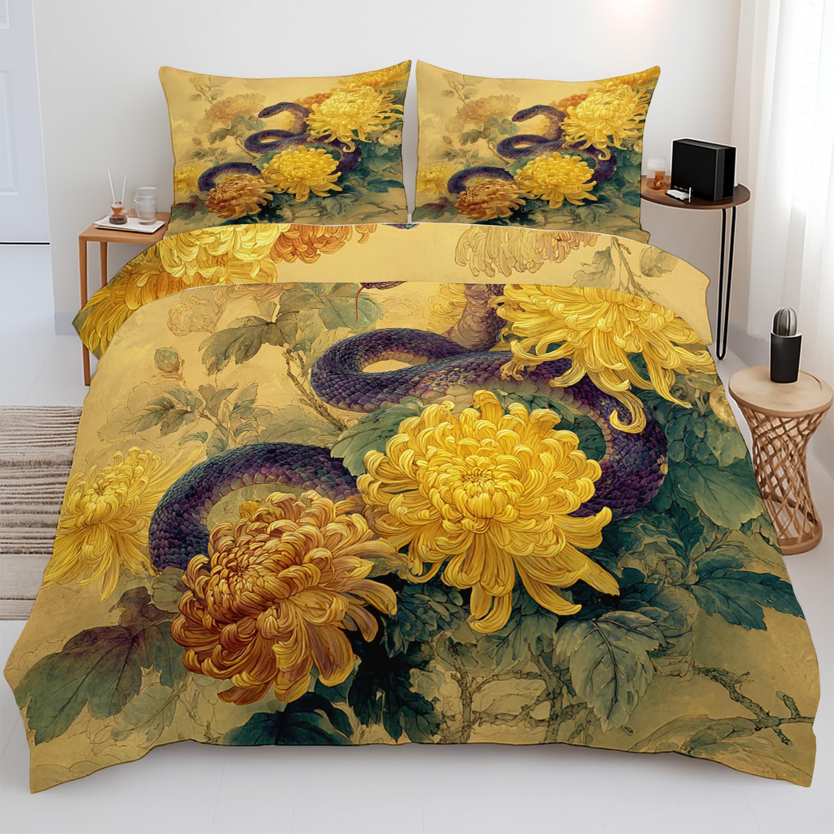 Parure de Lit 200x200 Jaune Chrysanthème Serpent Microfibre 3 Pièces