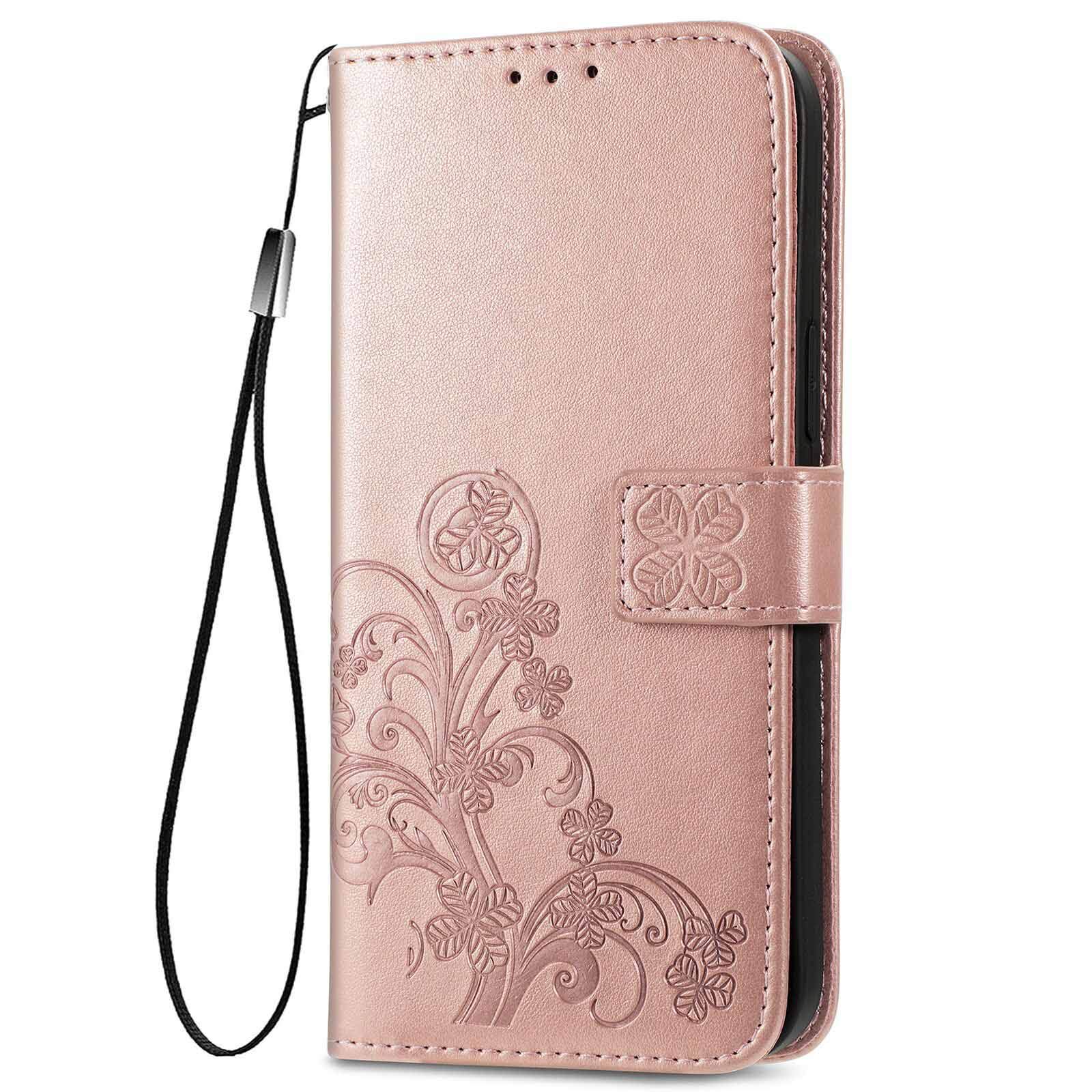 LEYAN Cover Portafoglio Per Xiaomi Redmi 9C/9C NFC In Pelle PU Con Motivo Rilievo Fiore, Slot Carte E Funzione Stand - Rosa Oro