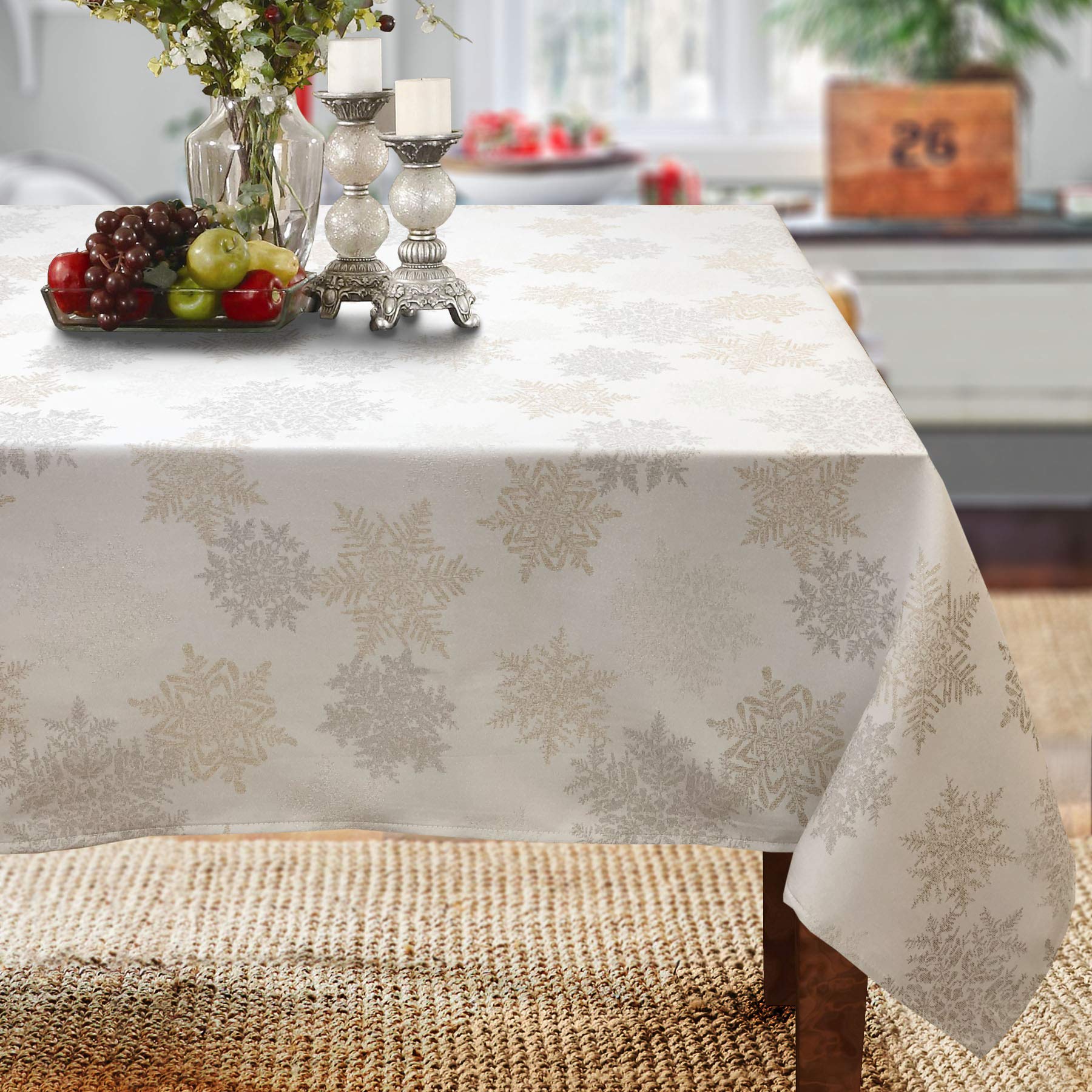 CAIT CHAPMAN HOME COLLECTION Holiday Silver Gold Snowflakes Metallic Jacquard Woven Tablecloth (70"x144" Tablecloth)