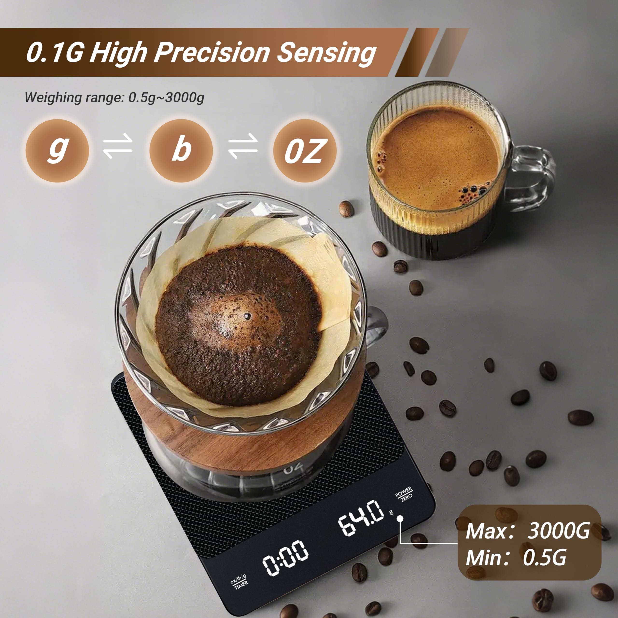 Balance de Précision pour Café Rechargeable - 3kg/0.1g avec Minuterie Intégrée | Balance à Café Électronique avec Tara Automatique et USB-C | Pour Espresso, Pour Over, Filtre & Barista