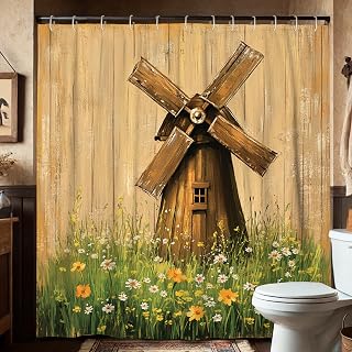 Winnowing - Cortina de ducha rústica, color marrón, beige, verde, floral, para decoración de baño, juego de cortina de ducha de tela impermeable vintage para primavera y verano, con ganchos, 72 x 78