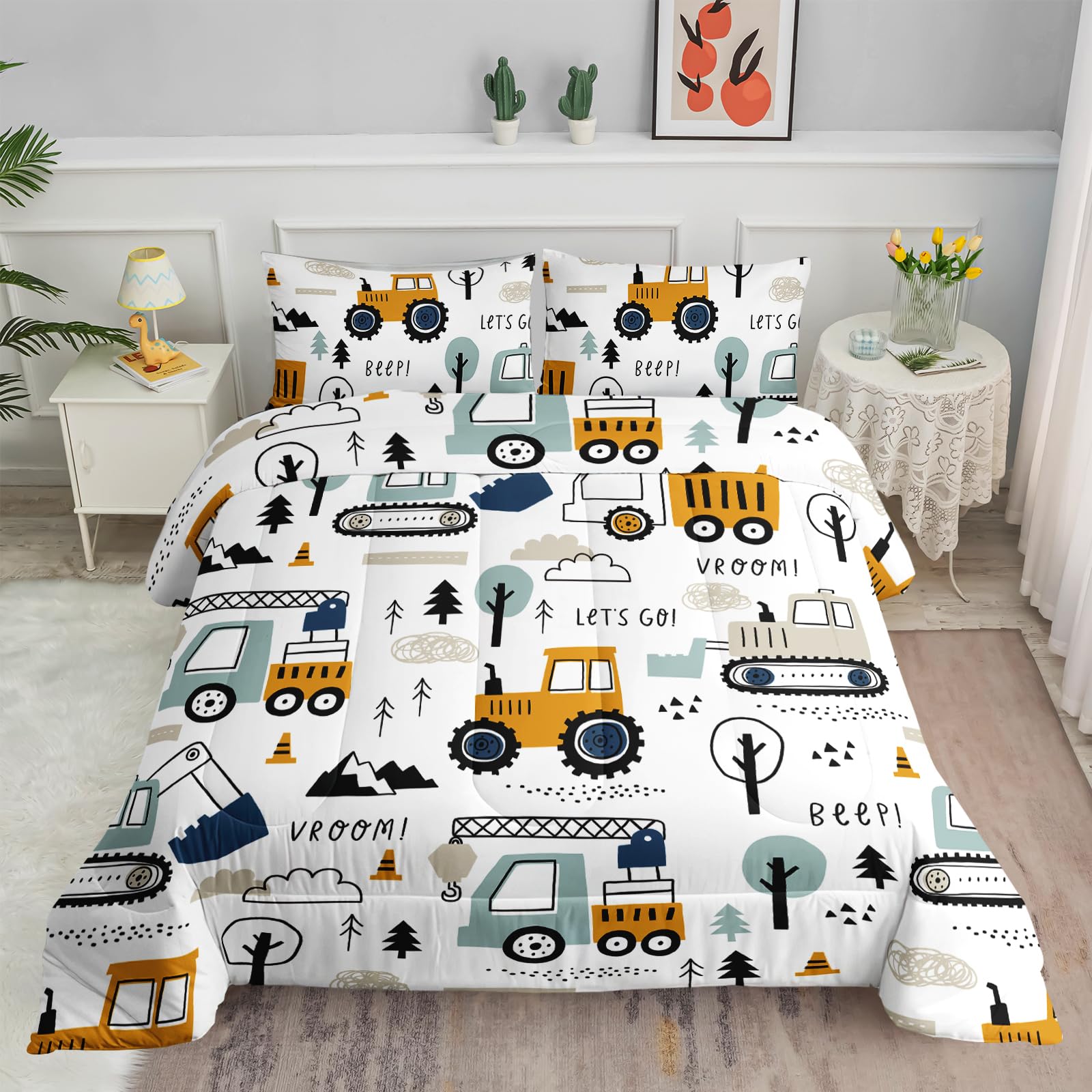 Smell Sunshine Cartoon Car Comforter Set Kids Construction Printed Bedding Set with 1 Comforter and 2 Pillowcases for Boys and Girls Bedroom All Season(Car Twin)