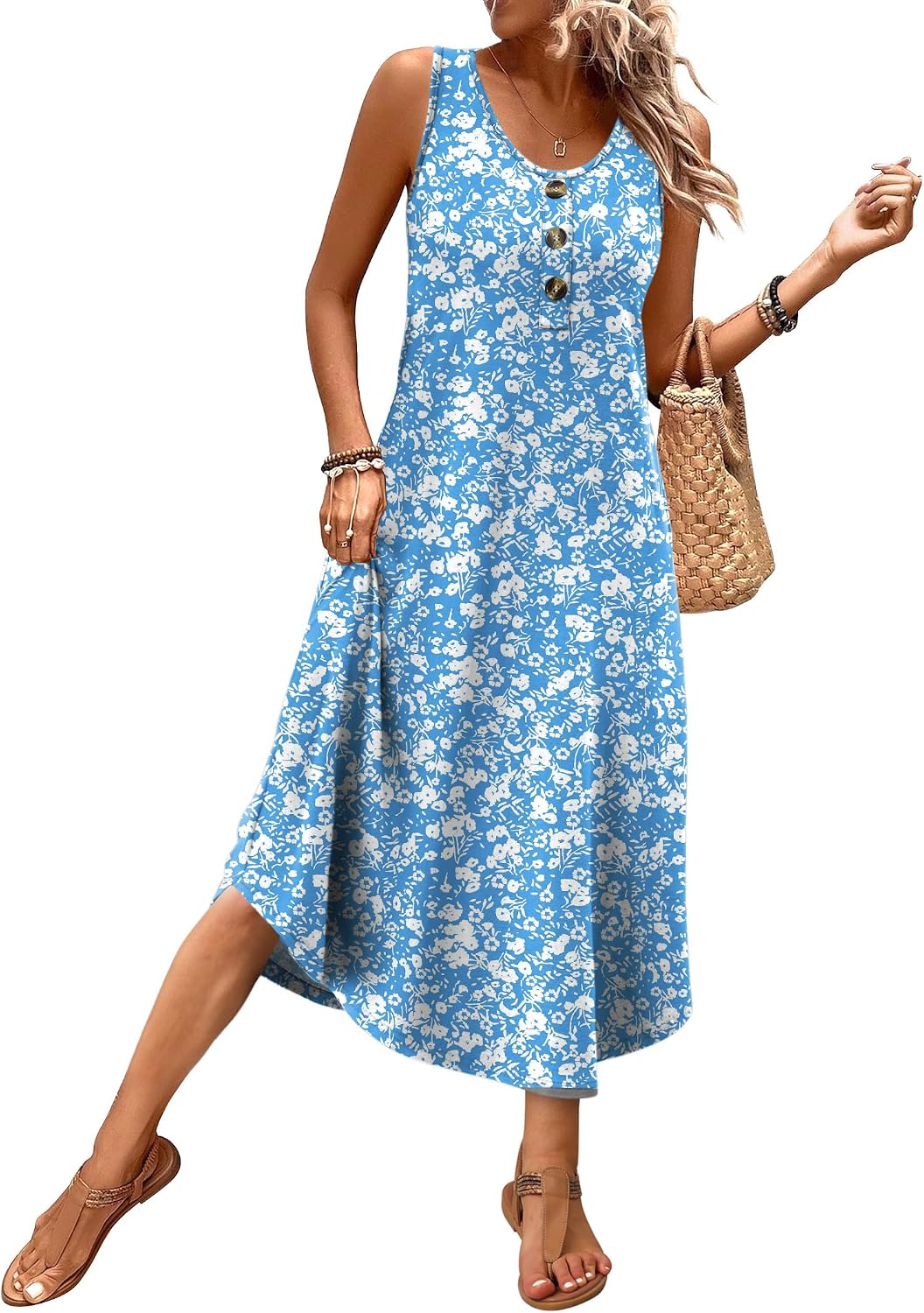 WIHOLL Summer Dresses for Women 2026 Button Front Sleeveless Casual Midi Dress Beach Vacation Sundresses with Pockets thumbnail