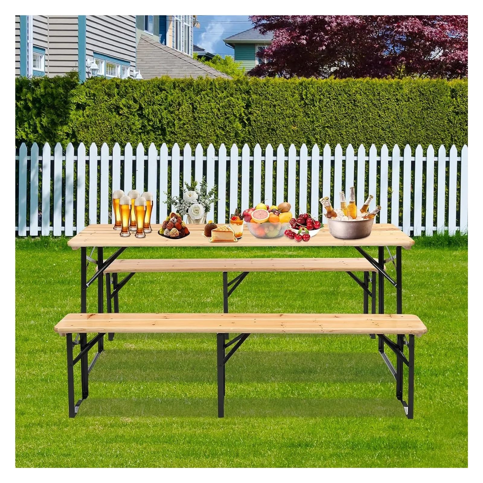 Tavolo Da Picnic Pieghevole Da 6 Piedi Con Panche Birra In Legno Resistente Alle Intemperie Da Campeggio Con Maniglie for Il Trasporto for La Famiglia
