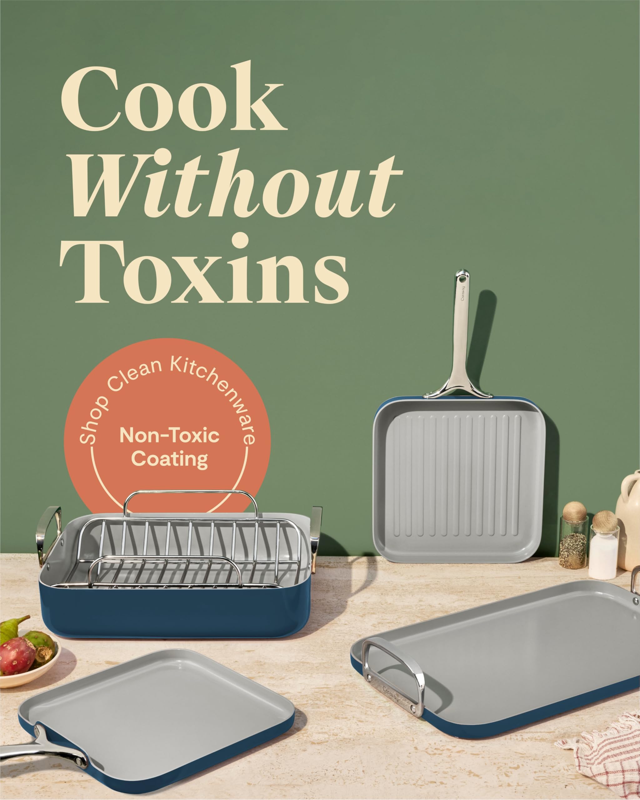 Caraway Square Cookware Set - Square Pans Set - Perfect for Griddling, Toasting, Searing, Roasting, and More - Non-Stick Ceramic Coated Pans - Non Toxic, PTFE & PFOA Free - Navy