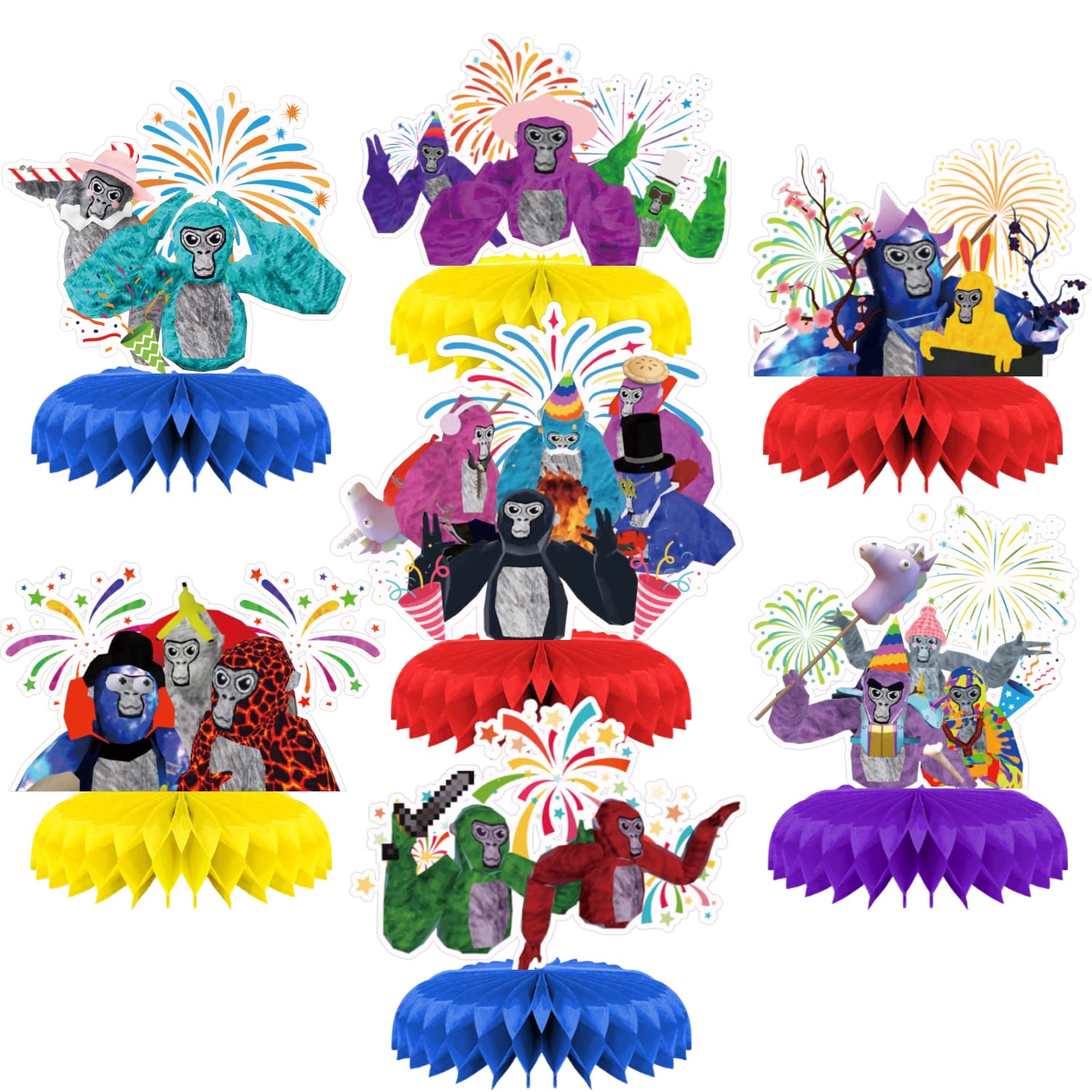7Pcs Gorilla Tag Birthday Party Supplies,Gorilla Tag Theme Honeycomb Centerpieces Table Toppers, Gorilla Tag VR Game Party Decorations 3D Double Side Cake Toppers for Boys and Girls