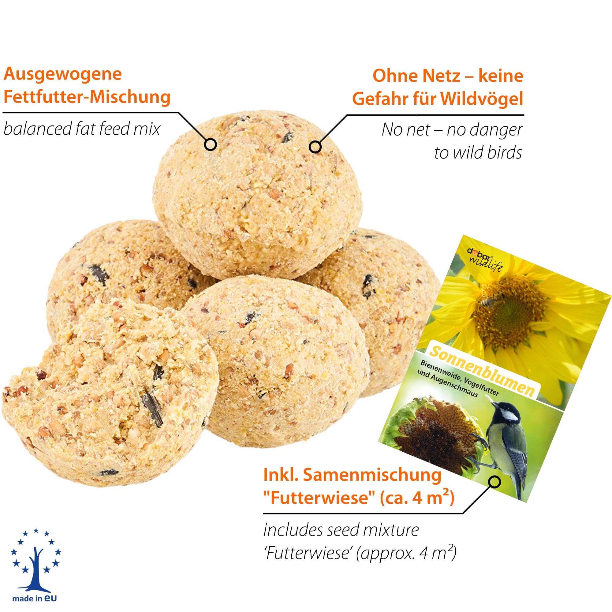 dobar 100 Bolas de Masa sin Red, Incluye Mezcla de Semillas, forraje graso para Aves Silvestres, albóndigas para Todo el año de 90 g, alimento para pájaros de 9 kg, Color Natural