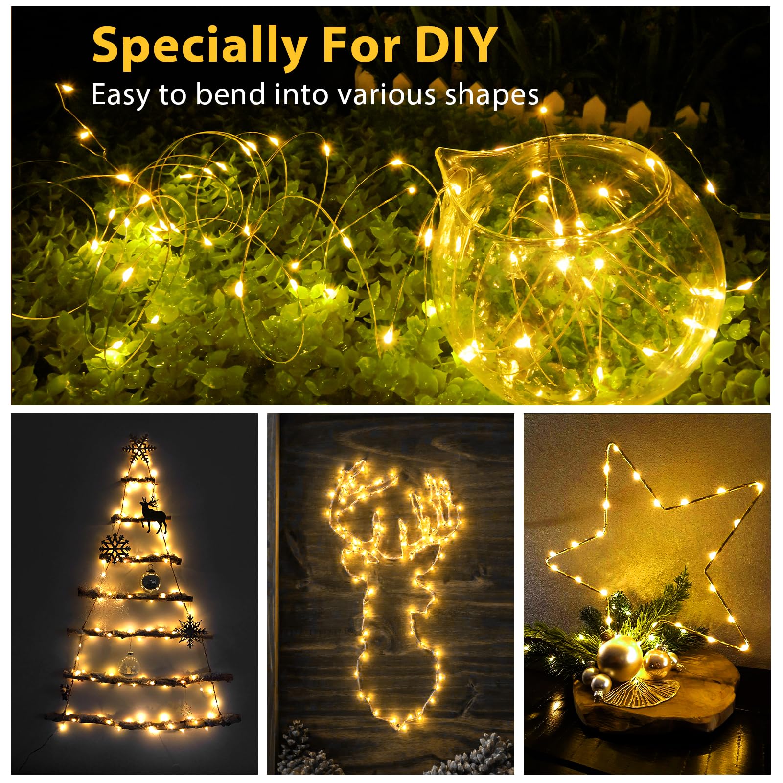 Guirlande lumineuse à piles pour l'intérieur avec minuterie et batterie pour Noël, décoration de Noël, mariage, 3 m, blanc chaud