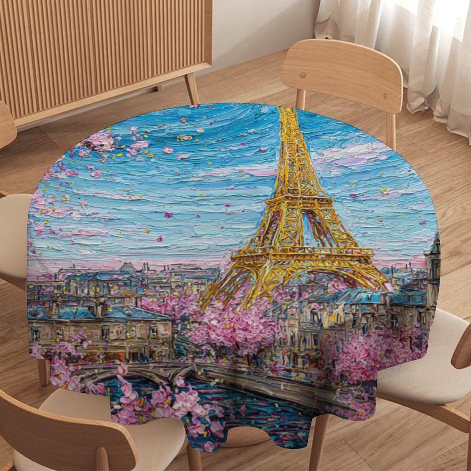 LUYYSKY Romantic Funny Eiffel Tower Waterproof Round Tablecloth Classic Oil Painting Outer Space Galaxy Paris Tower Cherry Blossom Washable Table Cover for Kitchen-177.8" Wx177.8 L cm