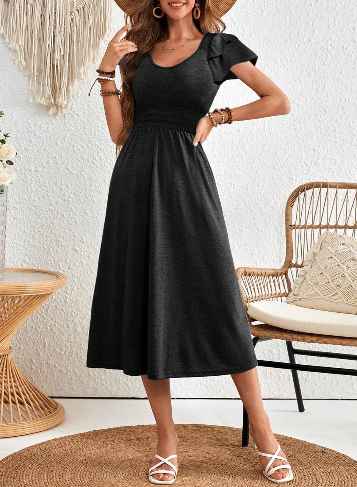 Dokotoo Women's Ruffle Short Sleeve High Waisted Midi Dress 2025 Spring Summer Casual Crewneck A-Line Dress