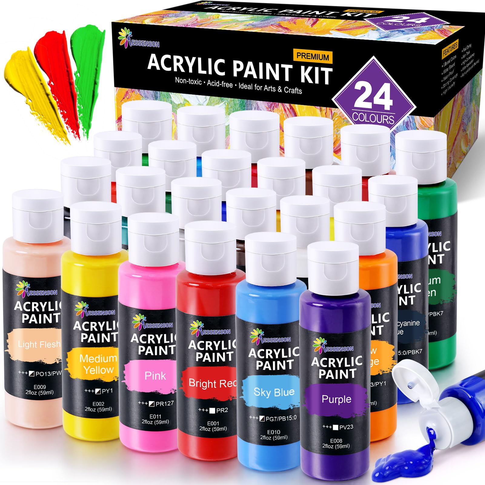 ESSENSON Pinturas Acrilicas 24 × 59 ml, Acrylic Paint Set, para Lienzos, Tela, Madera, Cristal, Piedras