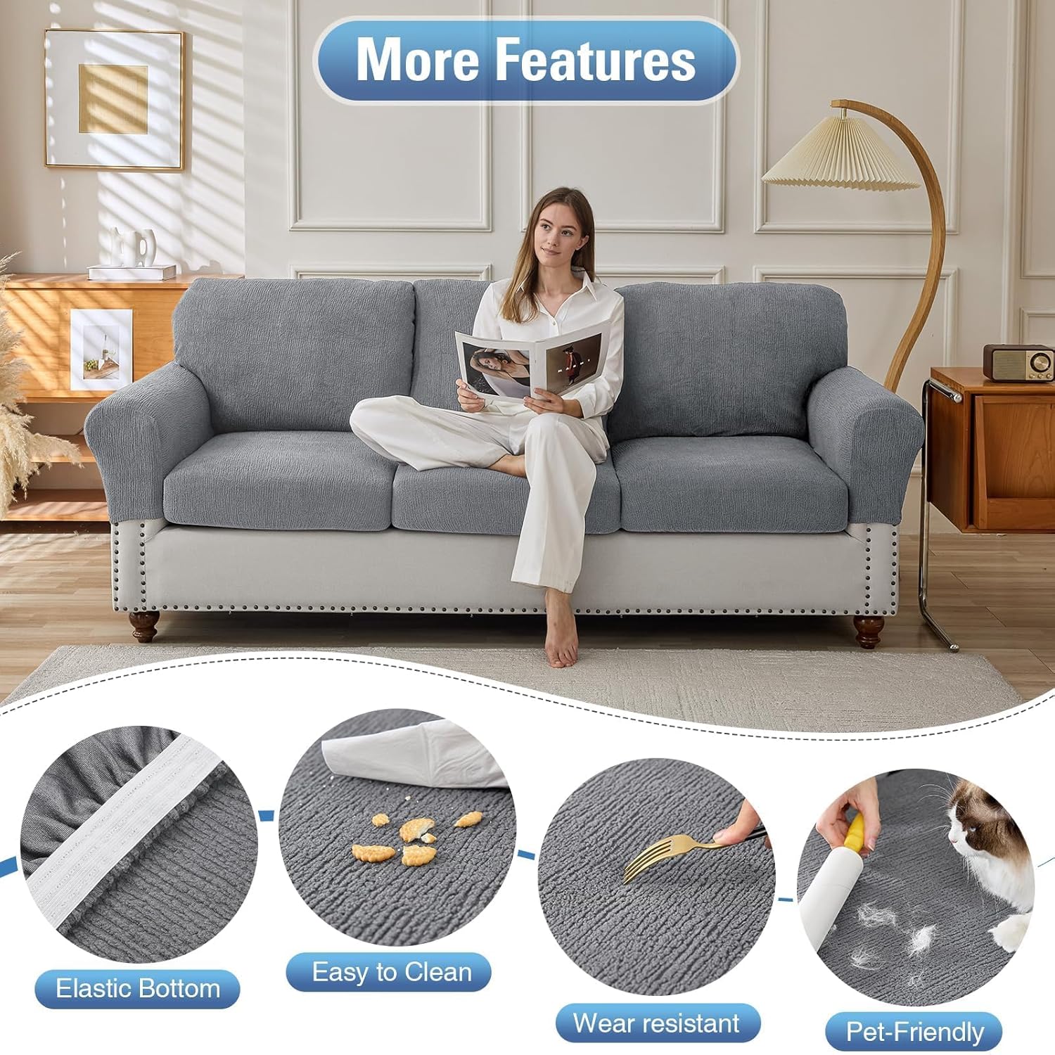 Couch Cushion Covers Sectional Couch Covers Stretch Washable Soft Seat Cushion Covers Furniture Protector Sofa Slipcovers for Pets(Light Grey,3 Pieces Seat Covers or Back Covers)