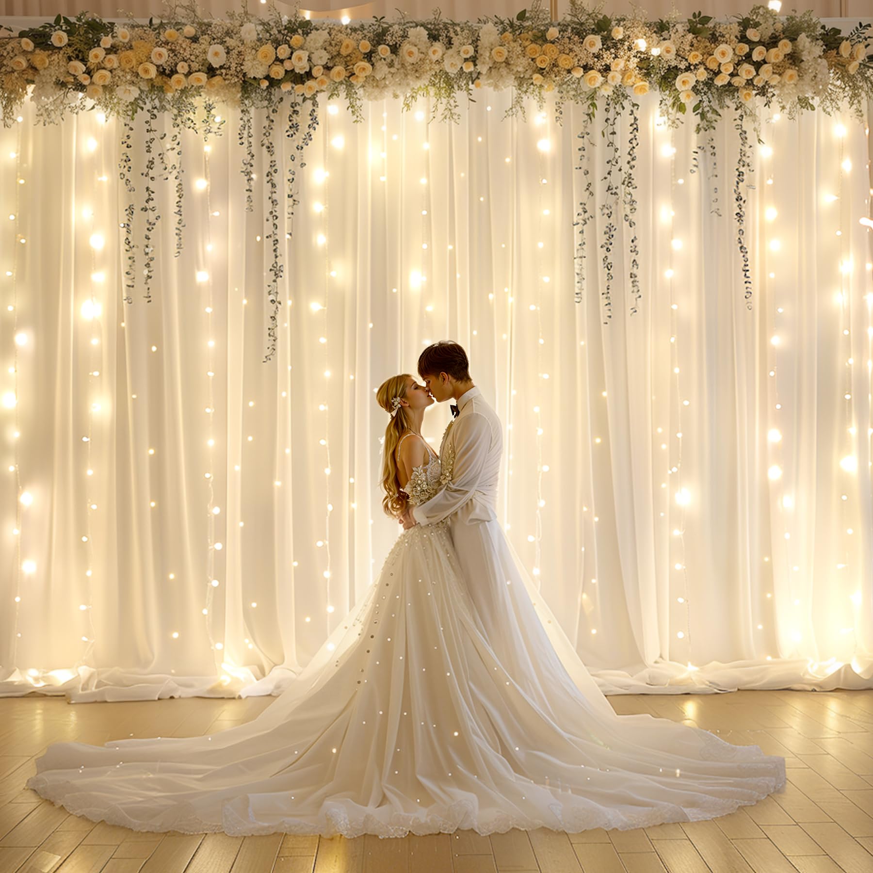 Photo 1 of 10x10ft Ivory Chiffon Backdrop Curtain with Lights String for Wedding Sheer Tulle Curtain Photo Backdrops Drapes for Baby Shower Birthday Party Home Ceremony Decorations