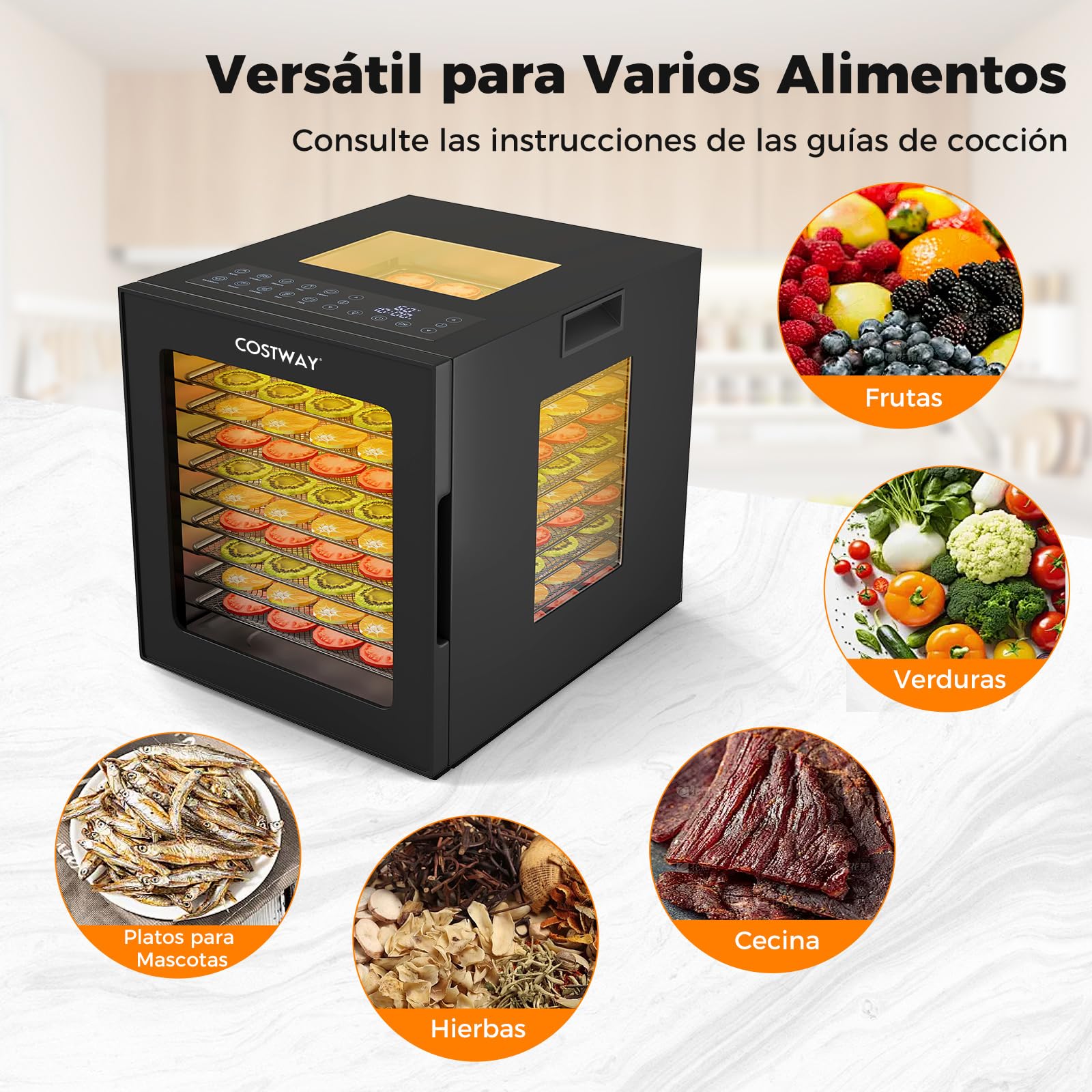 COSTWAY Deshidratador de Alimentos, Secador con 10 Bandejas de Acero Inoxidable, 10 Programas, Temporizador de 48H y Temperatura de 30-75℃, Máquina Deshidratadora para Carne, Frutas