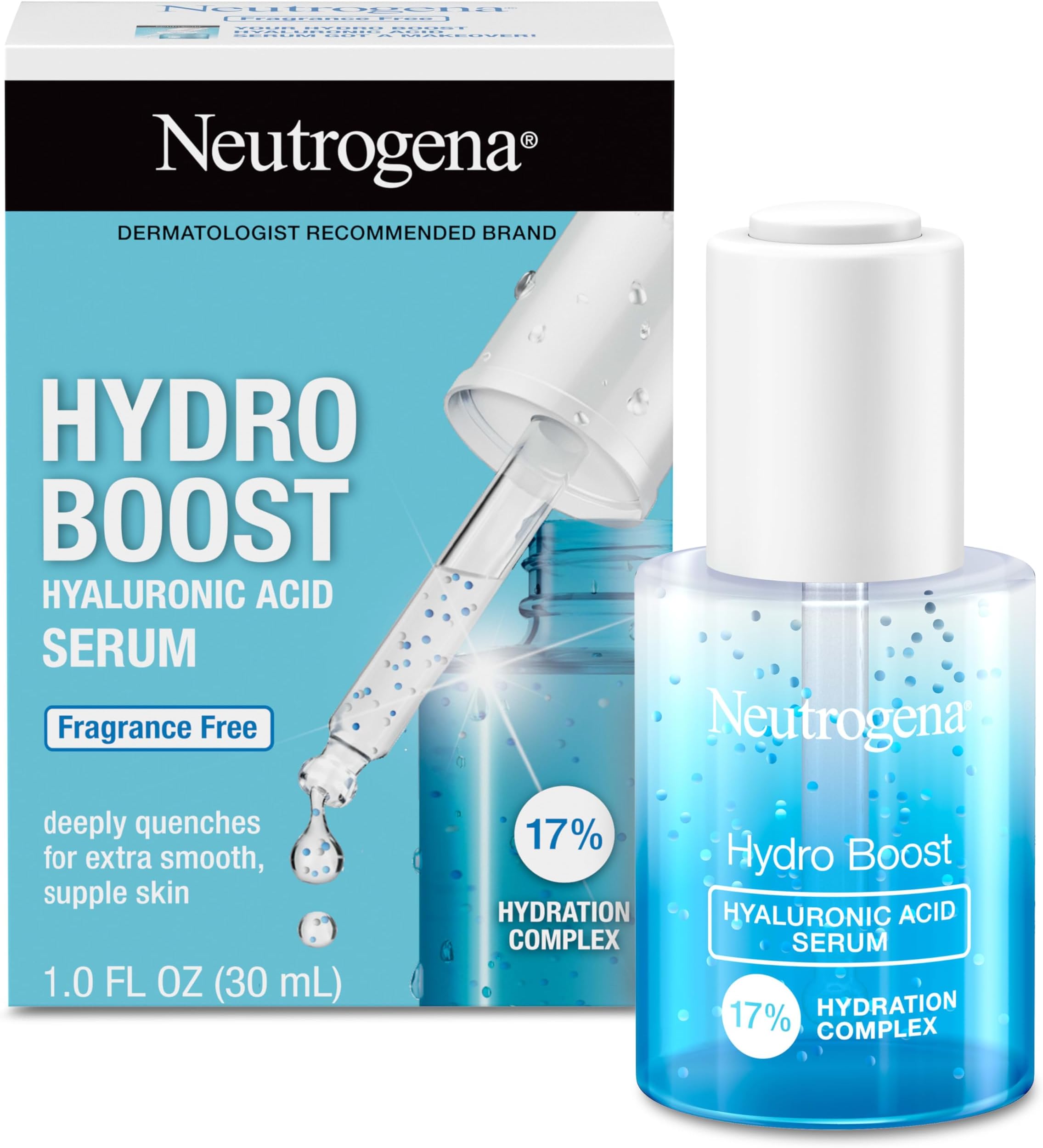 Neutrogena Hydro Boost Hyaluronic Acid Serum with 17% Hydration Complex, Lightweight Daily Hyaluronic Acid Facial Serum for Dry Skin, Oil-Free Fragrance-Free, 1 fl. oz