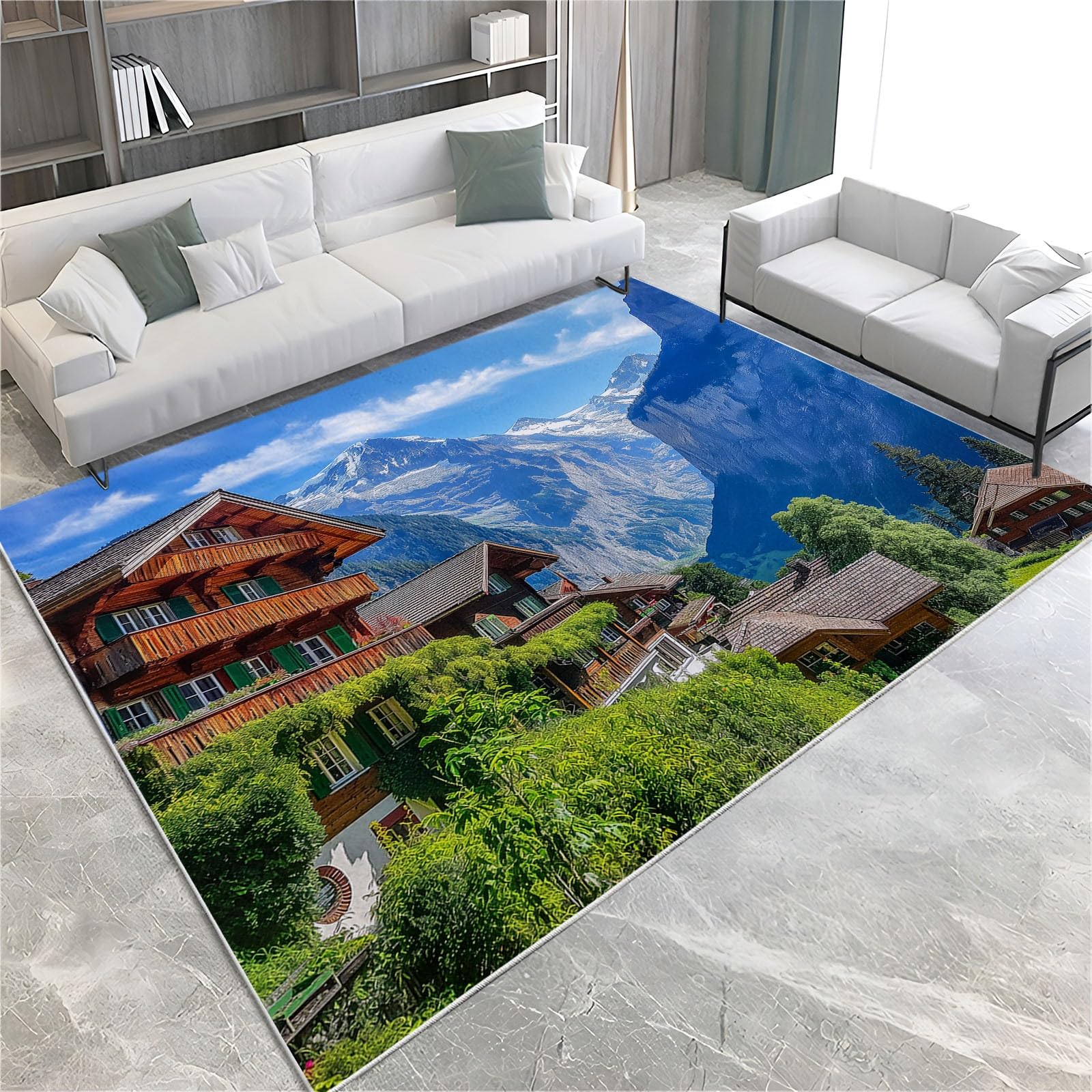 MontañA De Nieve Alfombra 80 x 150 cm Chalet Alpino Alfombra Pelo Corto Niño Niña, Pasillera, Cocina, Interior/Exterior, Antideslizantes, Franela Alfombras de Decoración