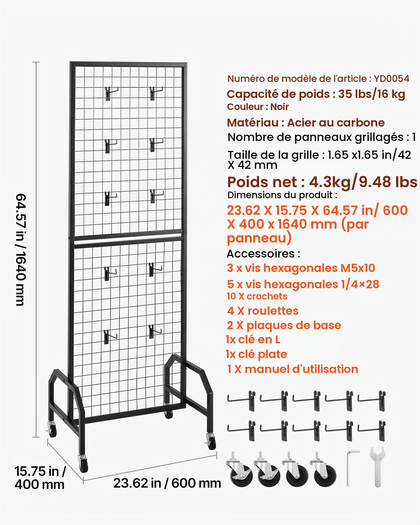 VEVOR Grille d’Exposition sur Pied de 60x164 cm, Panneau Grille en Acier Carbone, Présentoir Grillagé Mobile avec Roulettes, avec 10 Crochets, pour Affichage Présentation Photo Mémo Décoration