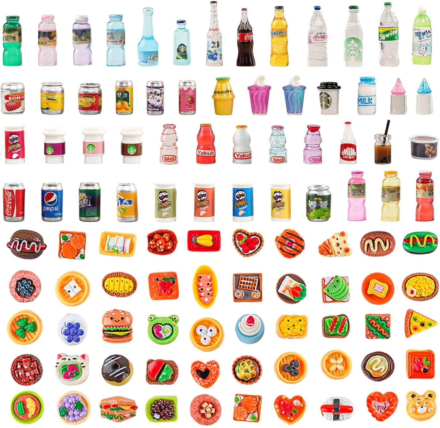 100 Pcs Miniature Food Set & Drink Bottles Realistic Resin Dollhouse Accessories 1:12 Scale Mini Food Kit for Kids Play, Collectors, Miniature Scene Kitchen Game Party Cake Bread Dessert