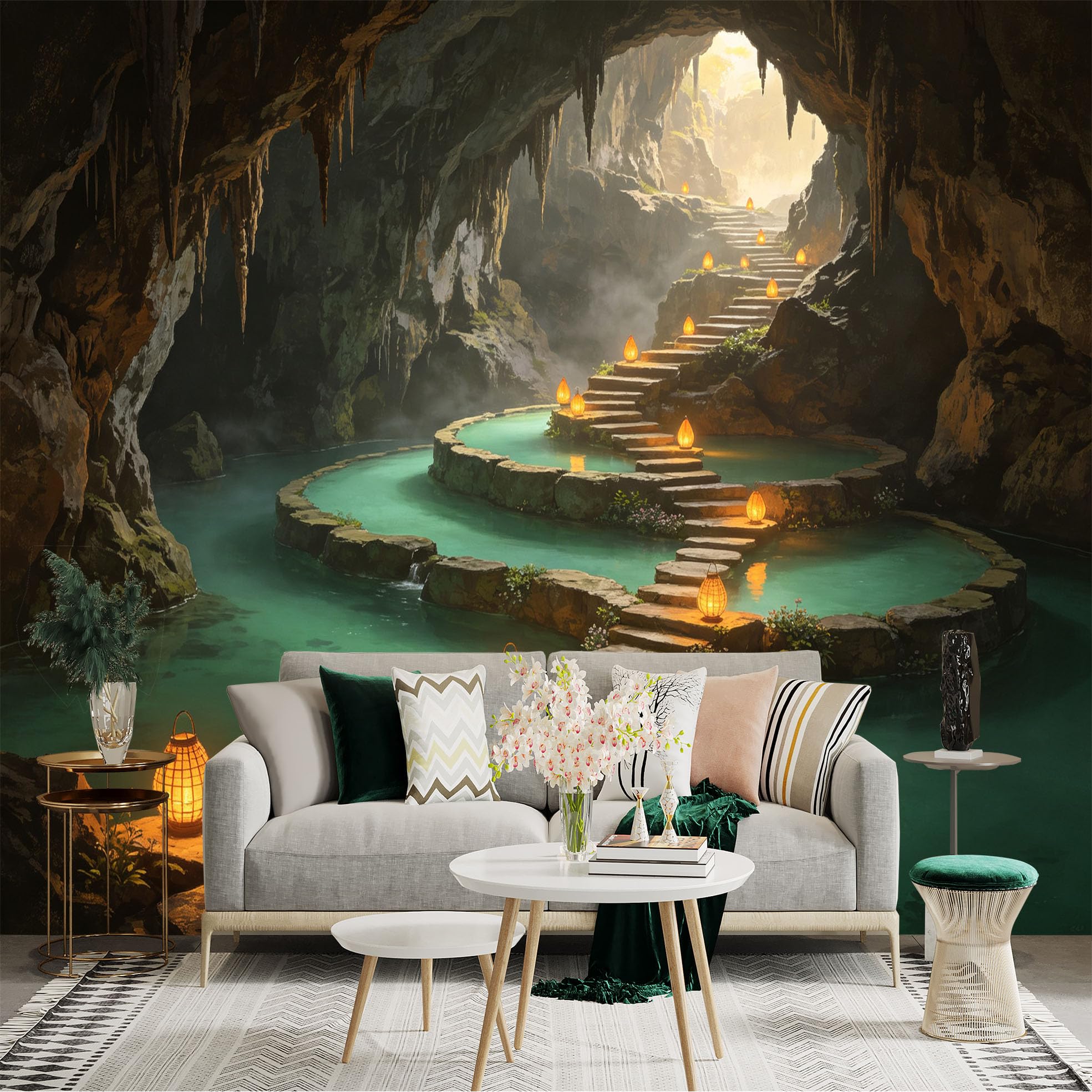 Custom Size Wall Sticker Mural， Enchanted Underground Cave with Glowing Lanterns， Mystical River Stone Path， Serene Fantasy Landscape， for wall Decoration， peelandstick wall Decals.