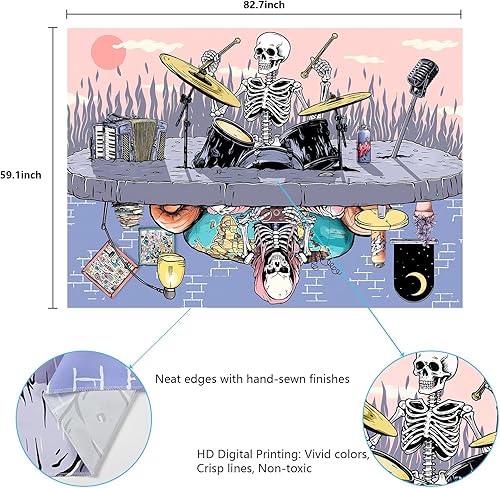 Miniatura 6 de Krelymics Tapiz de calavera hippie, tapiz de música rock, tapiz de sol y luna, tapiz reflectante de espejo, divertido tapiz de esqueleto, tapiz