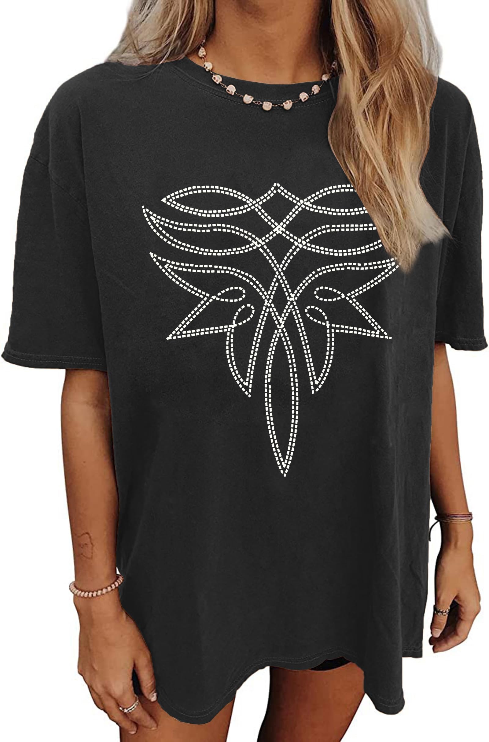 Western Shirt for Women Vintage Rodeo Cowgirl T-Shirt Oversized Country Boot Stitch Tee Tops