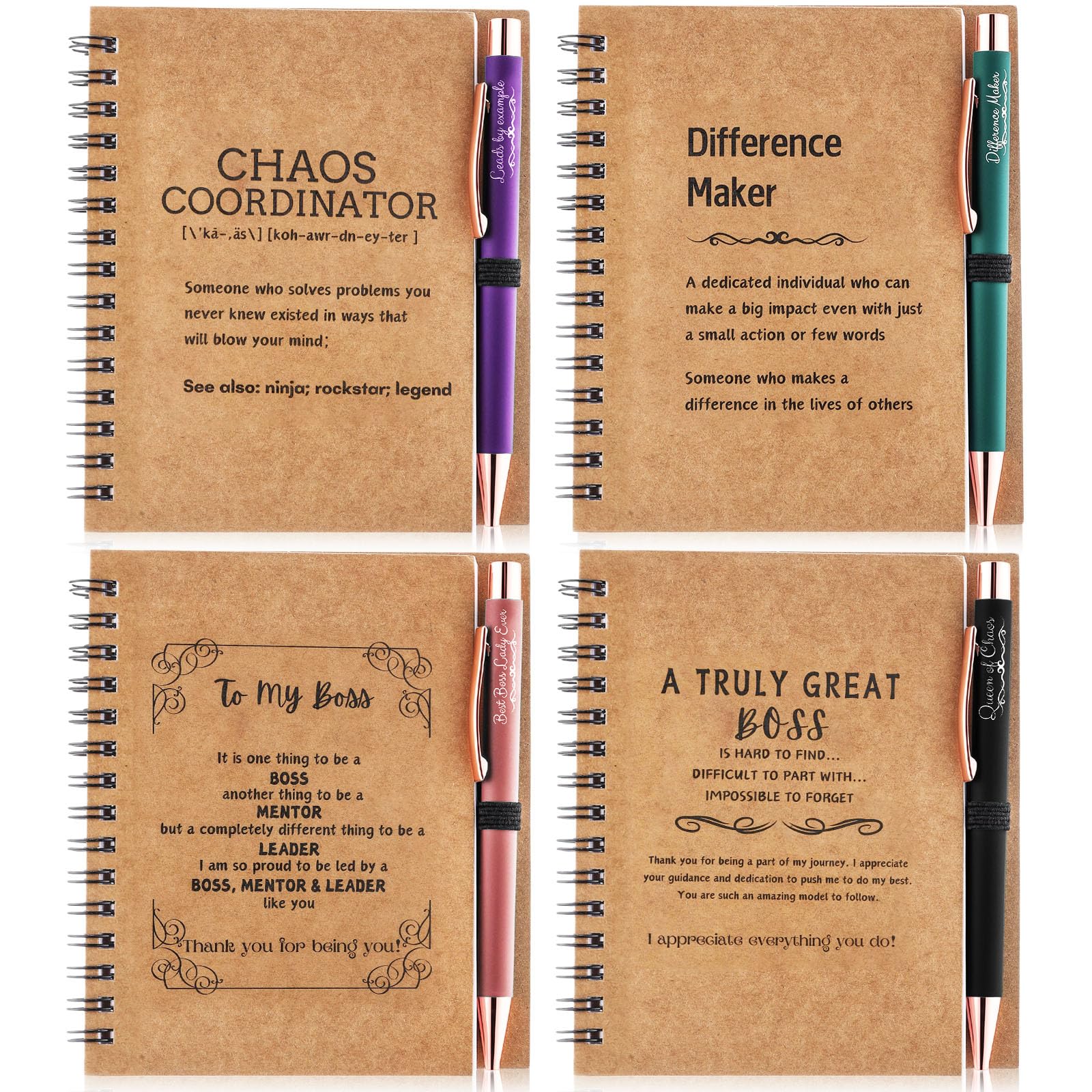 Sayglossy 4 Set Boss Day Boss and Lady Gifts for Women Appreciation Gifts Mini Notebooks Ballpoint Pens Spiral Journal Thank You Present for Bestie