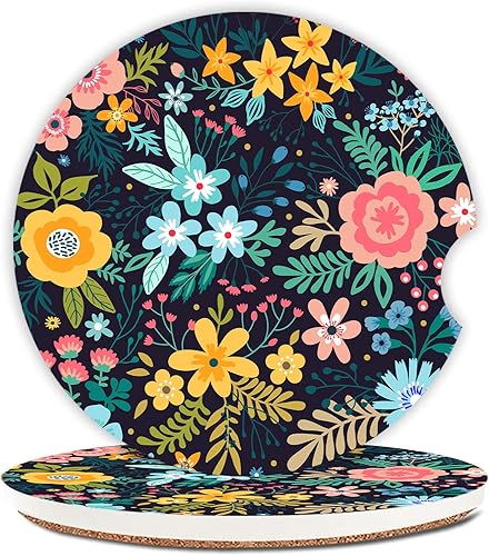 Miniatura 16 de Posavasos absorbentes de flores para portavasos de automóvil, paquete de 2 posavasos de cerámica de 2.56 pulgadas con parte trasera de corcho y