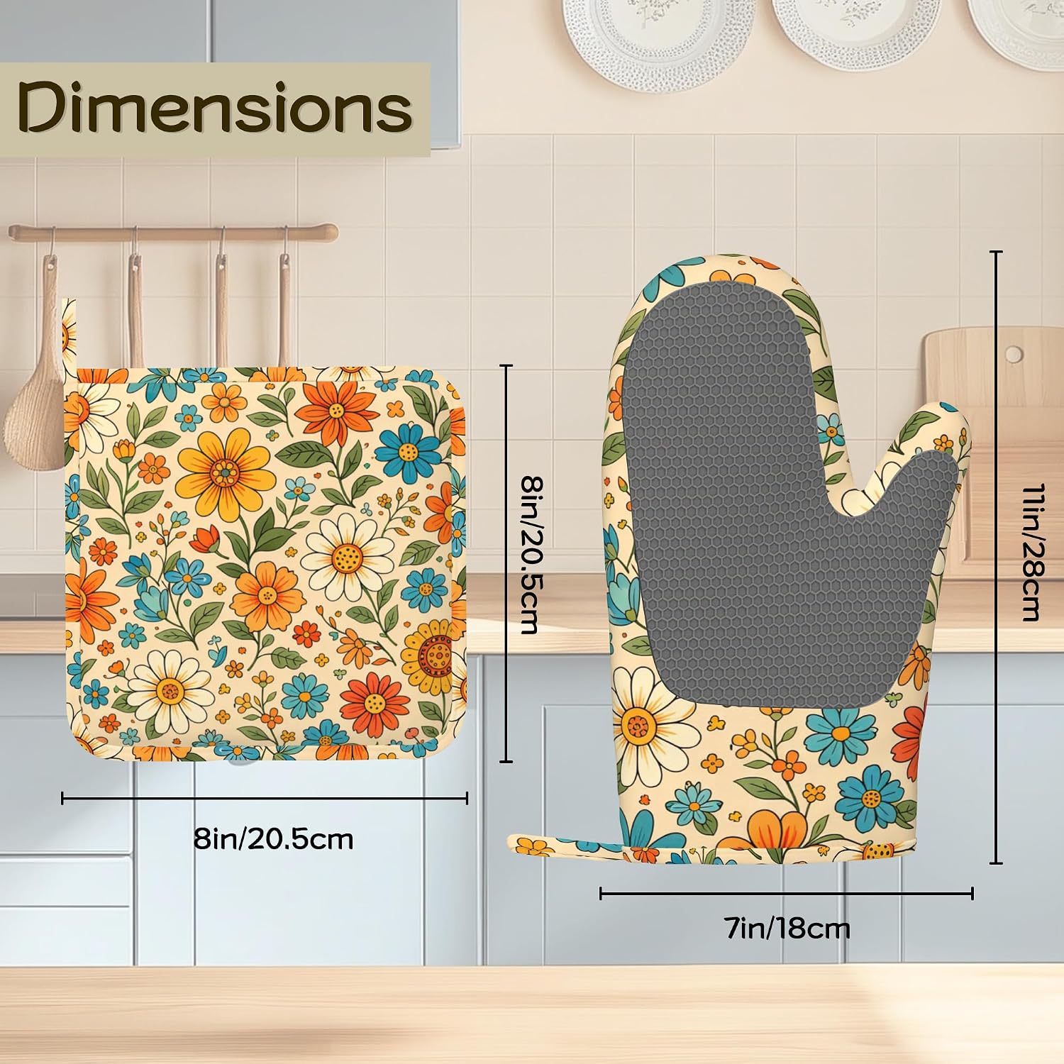 Retro 70s Boho Floral Oven Mitts and Pot Holders Sets of 4, Heat Resistant Silicone Oven Mitts Gloves Non-Slip Kitchen Mittens Potholders for Cooking Baking Grilling BBQ