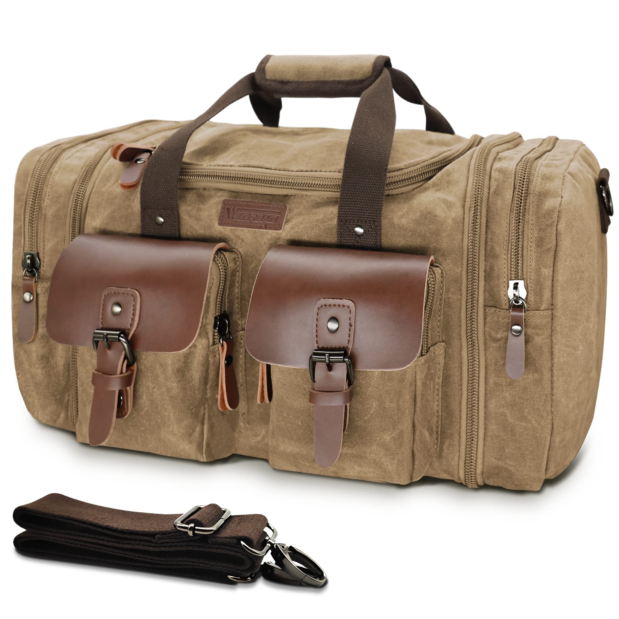 Wildroad Waxed Canvas Genuine Leather 50L Waterproof Duffle Bag - Vintage Travel Weekender Overnight Carry On