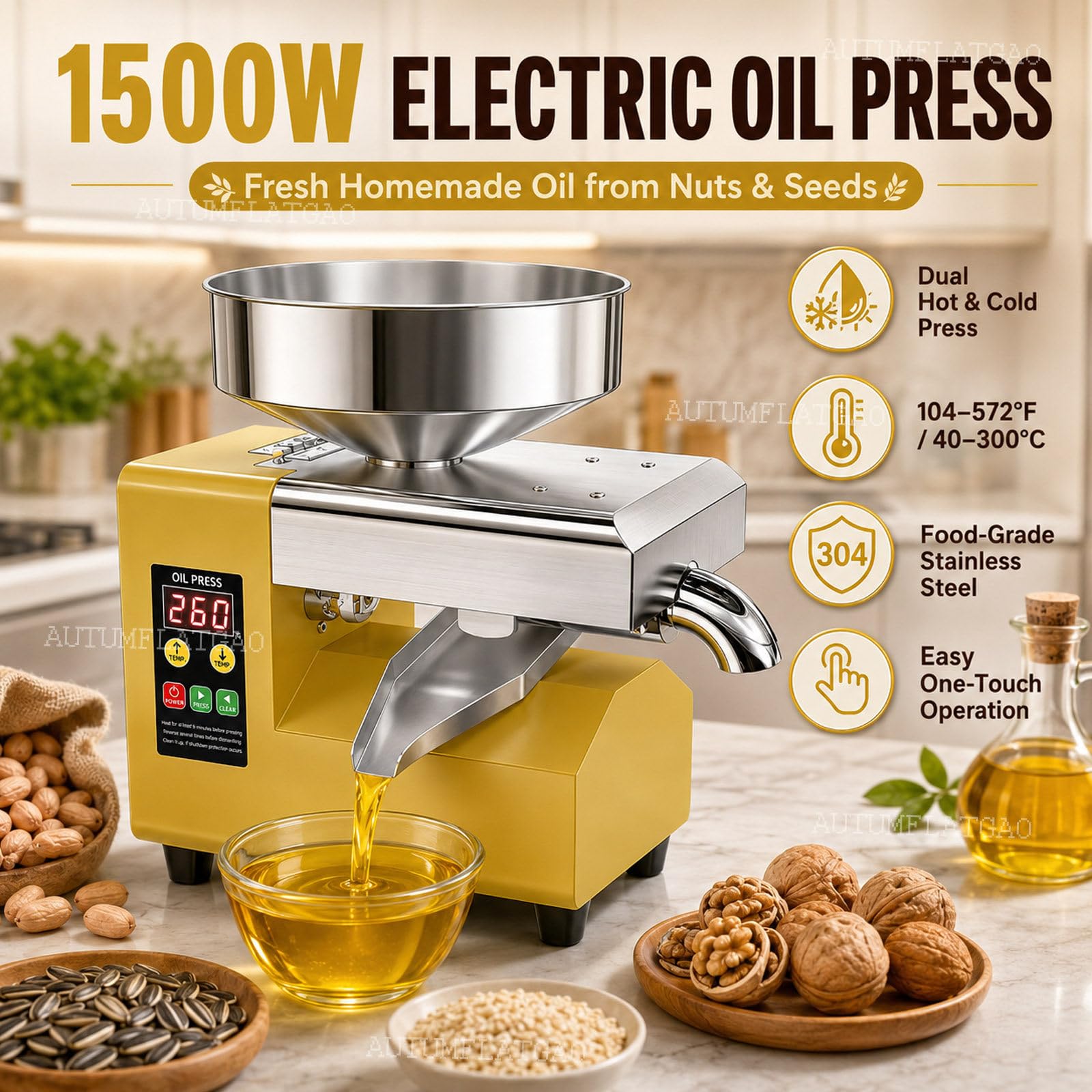 Prensa De Aceite 1500 W, Prensado En Frío Y Caliente Para Nueces Y Semillas | Ajuste De 40–300℃ Para Prensado Suave O En Caliente De Cacahuetes, Sésamo, Girasol, Nueces Y Otras Semillas