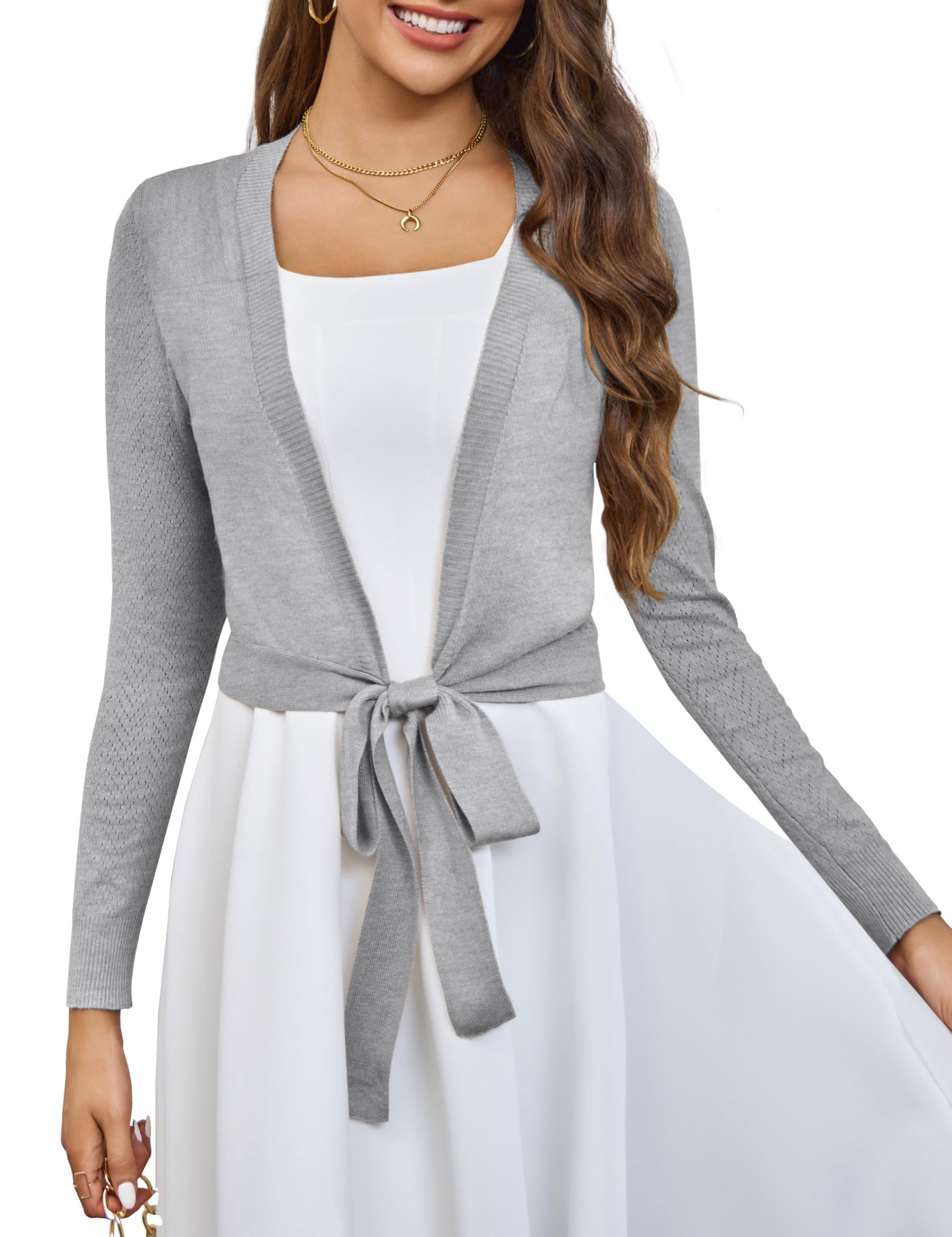 VOIANLIMO Women's Cardigan Knit Sweaters Long Sleeve Cropped Tie Front Bolero Shrug for Dresses S-XL