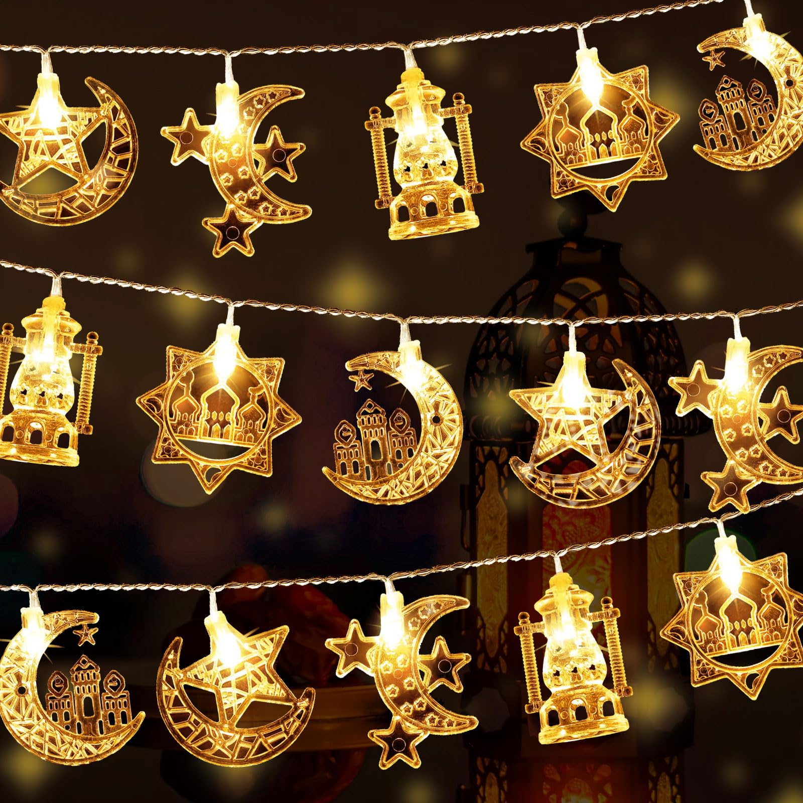 iwiio Eid Decorations, Eid String Lights, LED Ramadan Lights, 10ft Eid Fairy Lights, Eid Moon Star Kerosene Lantern Lamp