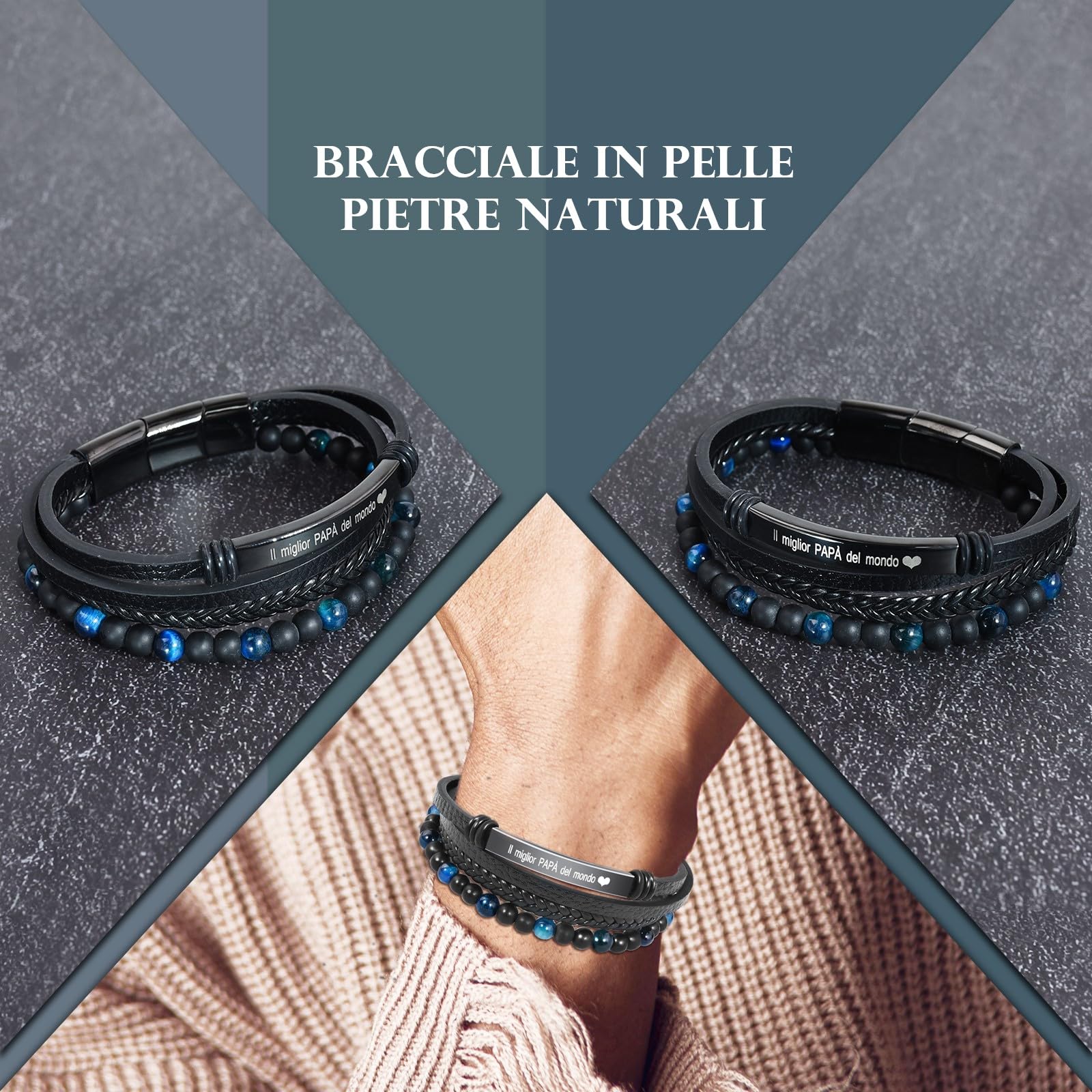 VGWON Regalo Uomo Bracciale da Uomo in Vera Pelle con Pietre Naturali, Regalo per Lui Marito Fidanzato Figlio Papà Nonno, Regalo San Valentino Compleanno Natale Anniversario