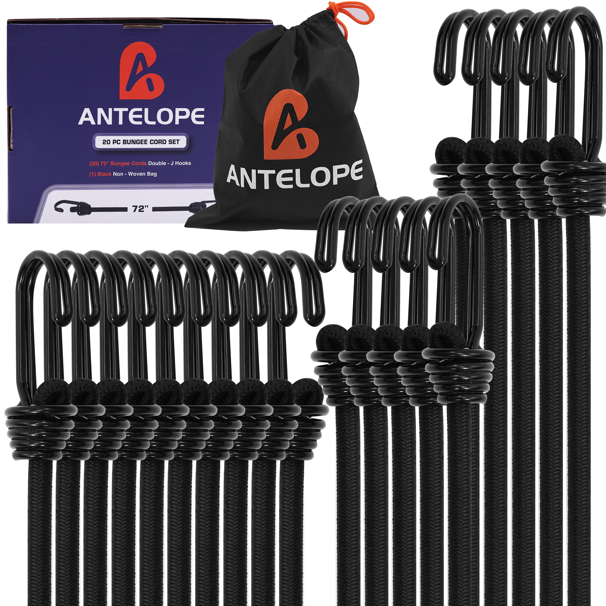 A ANTELOPE Surtido de cuerdas elásticas para exteriores, juego de 20 cuerdas elásticas resistentes (72 pulgadas), ganchos dobles en J, correas elásticas multiusos para sujetar lonas, ATV, camping,