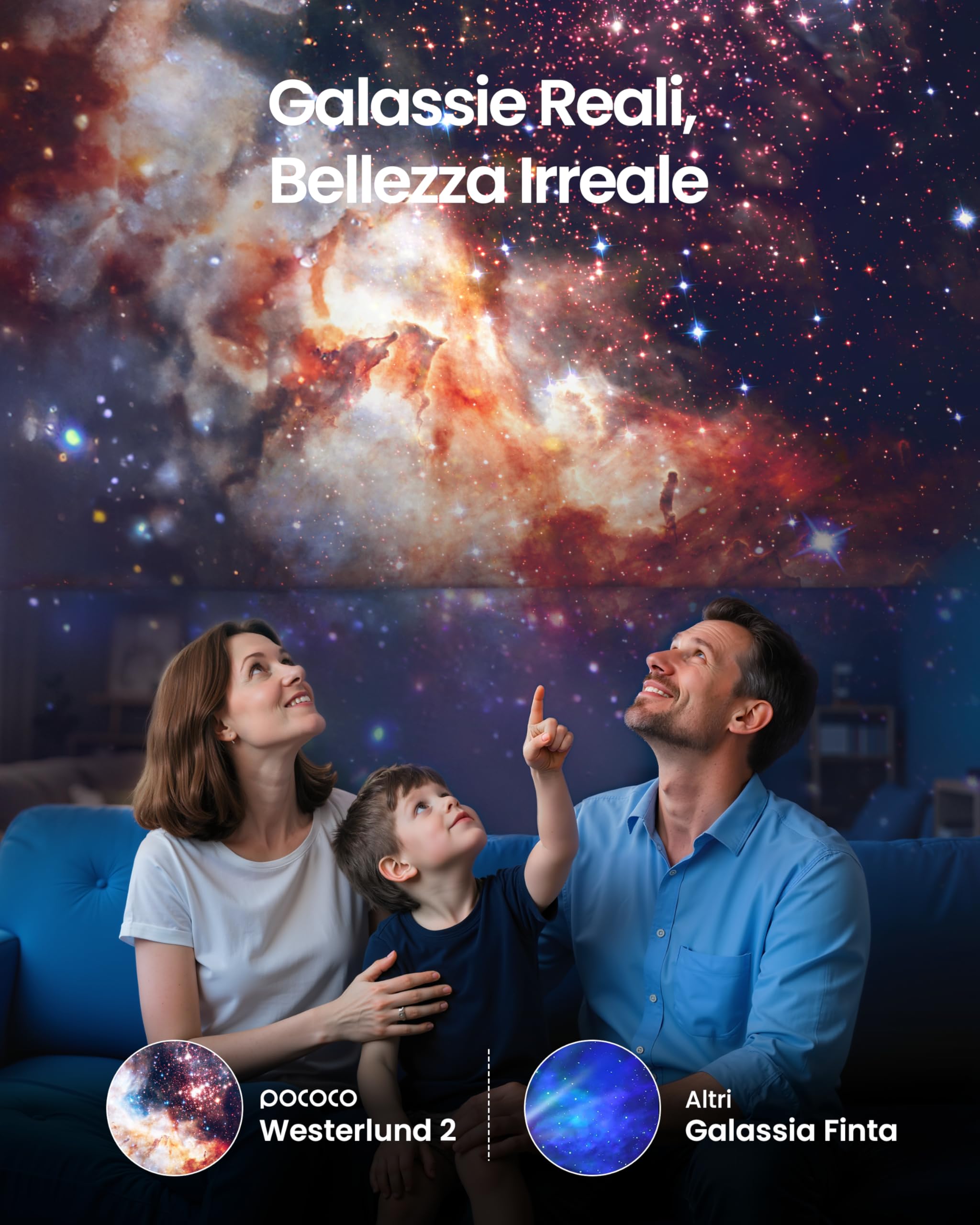 POCOCO Proiettore Stelle, Hd Star Projector Ricaricabile, 5K HD Dischi | Galassia Realistica,Autonomia 6h,Timer,2 Dischi Sostituibili.Decorazione Della Camera, Studio E Relax, Per Adulti E Bambini