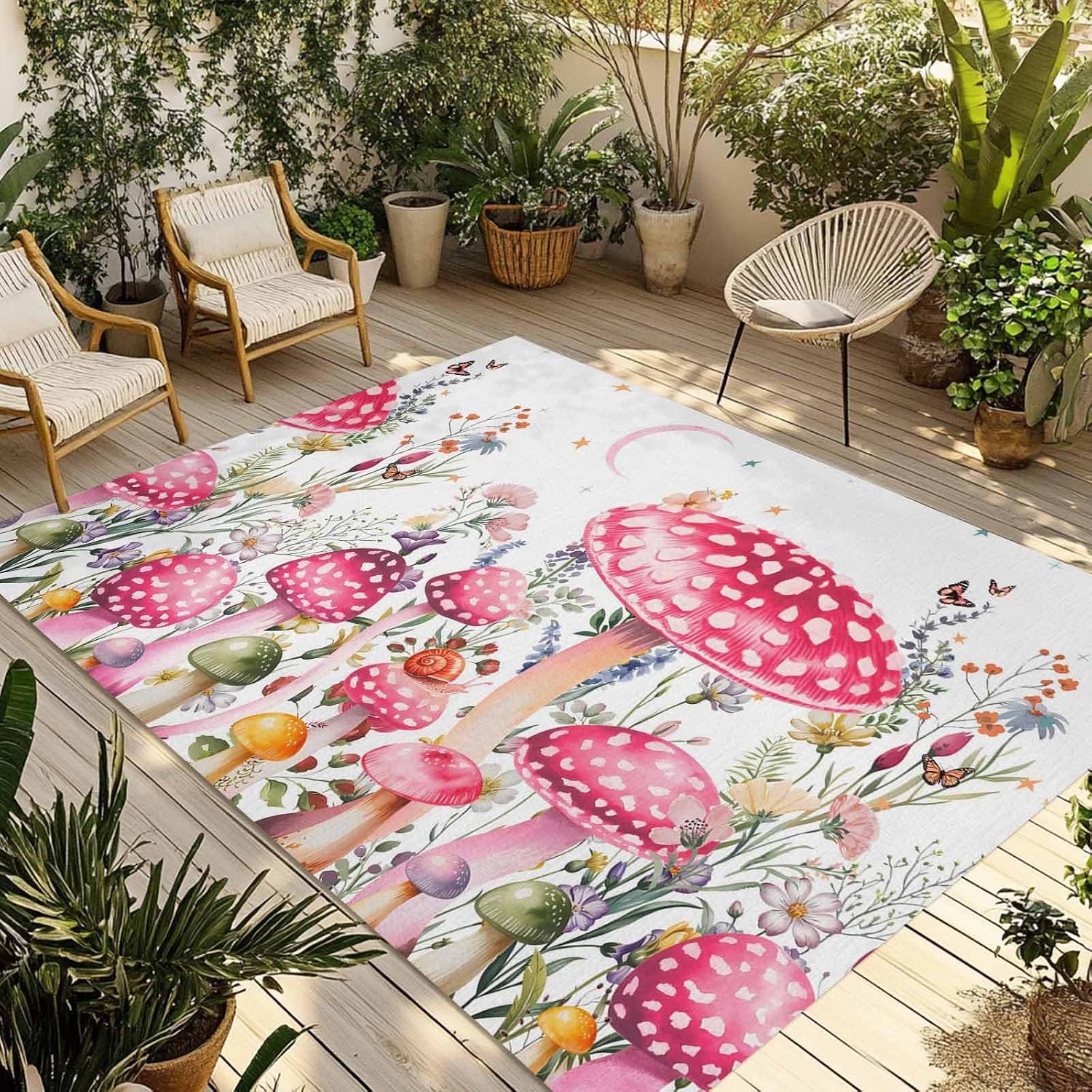 PIEPLE Pink Mushroom Outdoor Rugs for 6'x9' Patios Clearance, RV Camping Mat Rug Portable Outside Rug Indoor Outdoor Area Rug Mat for Beach Deck Pool Botanical Wildflower Leaves Spring Herbs